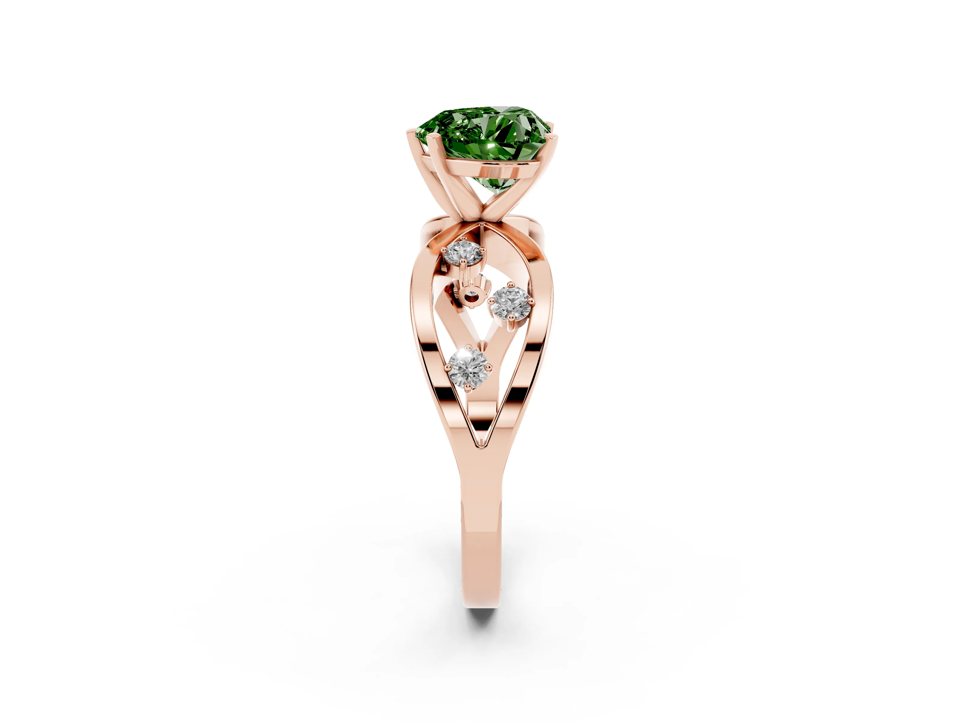 Fancy Green Heart Cut Diamond Solitaire Ring Set in Rose gold with Side Stones on Criss-Cross Band and Prong Setting