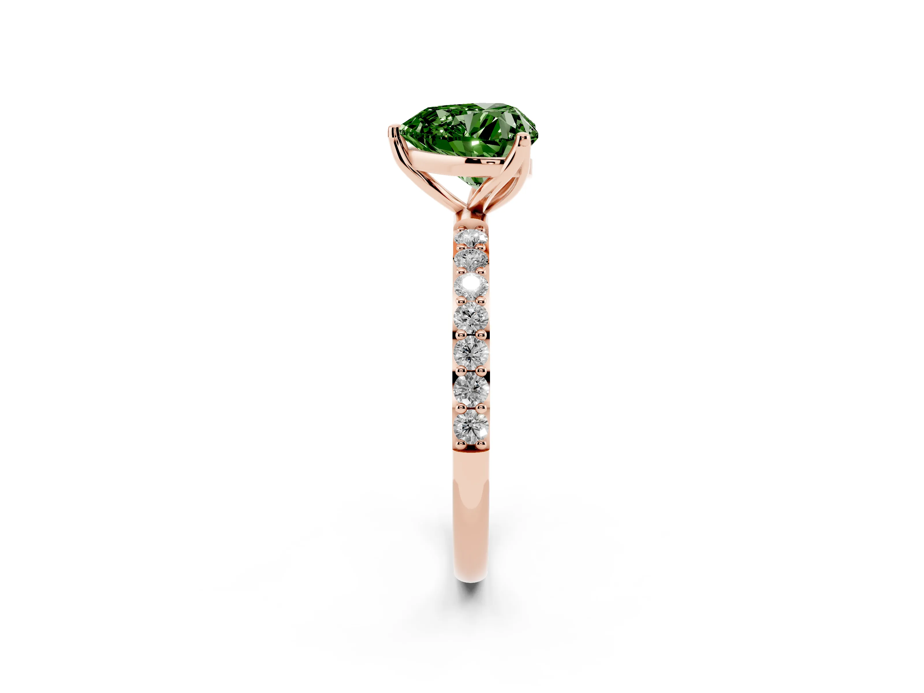 Fancy Green Heart Cut Diamond Solitaire Engagement Ring Set in Rose gold with Round Pavé Band and Prong Setting