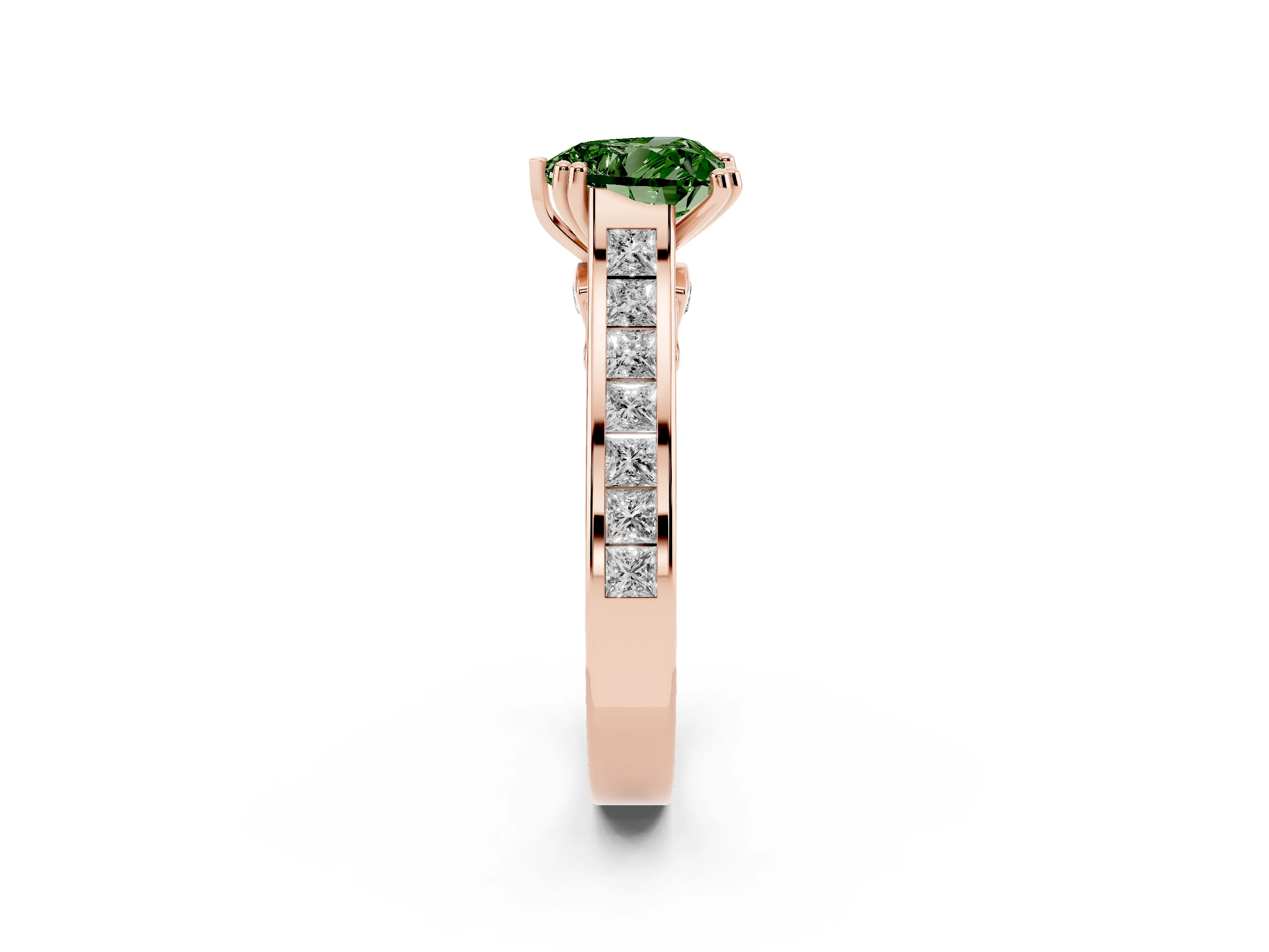 Fancy Green Heart Cut Diamond Channel Set Solitaire Engagement Ring Set in Rose gold with Prong Setting