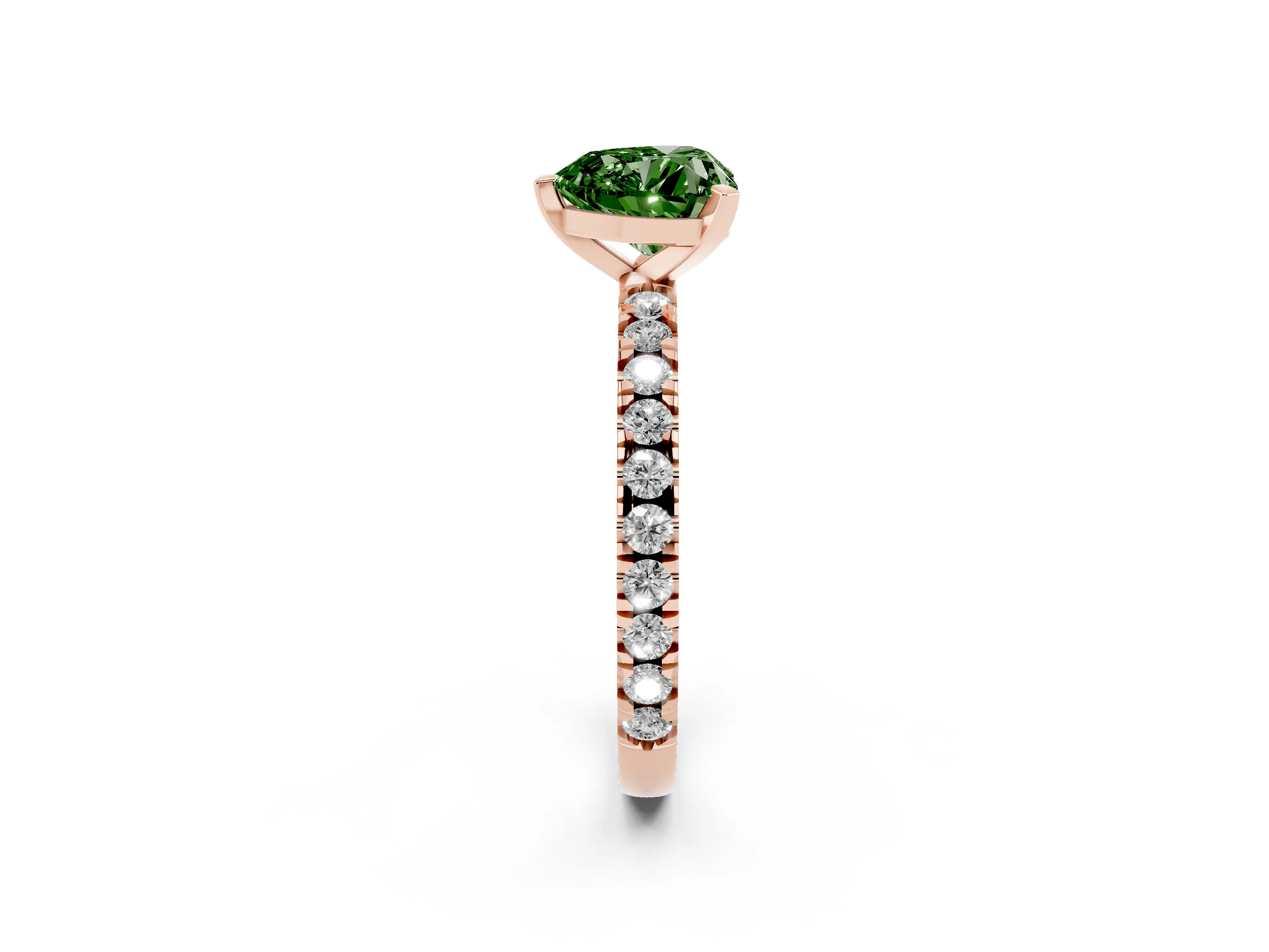 Fancy Green Heart Cut Diamond Pavé Band Solitaire Set in Rose gold with Prong Setting