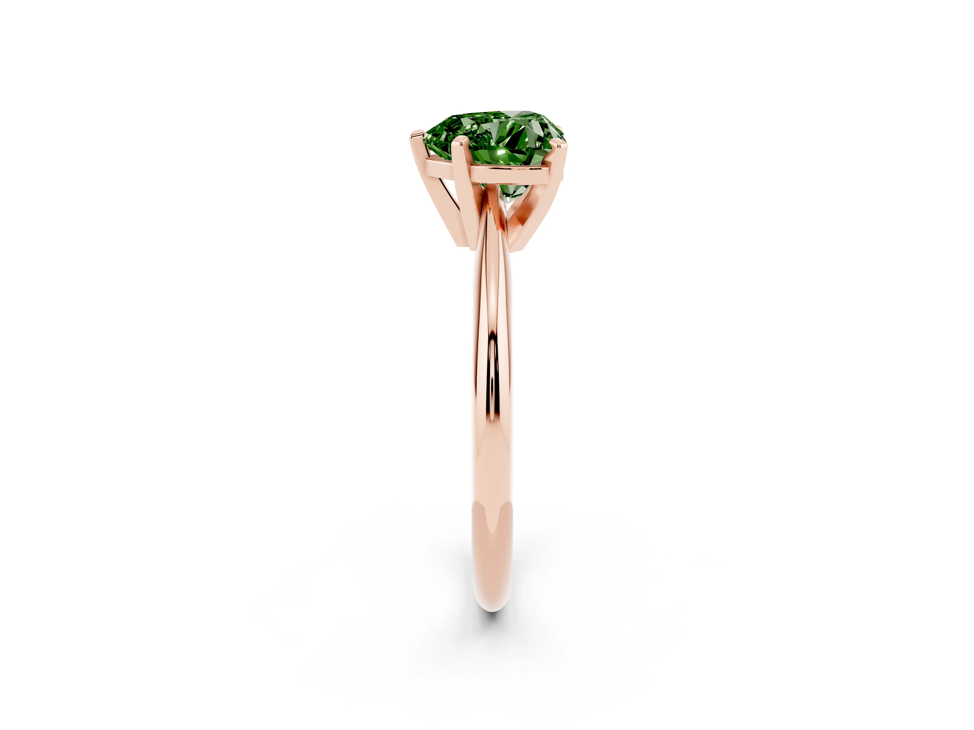 Fancy Green Heart Cut Diamond Solitaire Ring Set in Rose gold with Prong Setting on a Plain Round Band