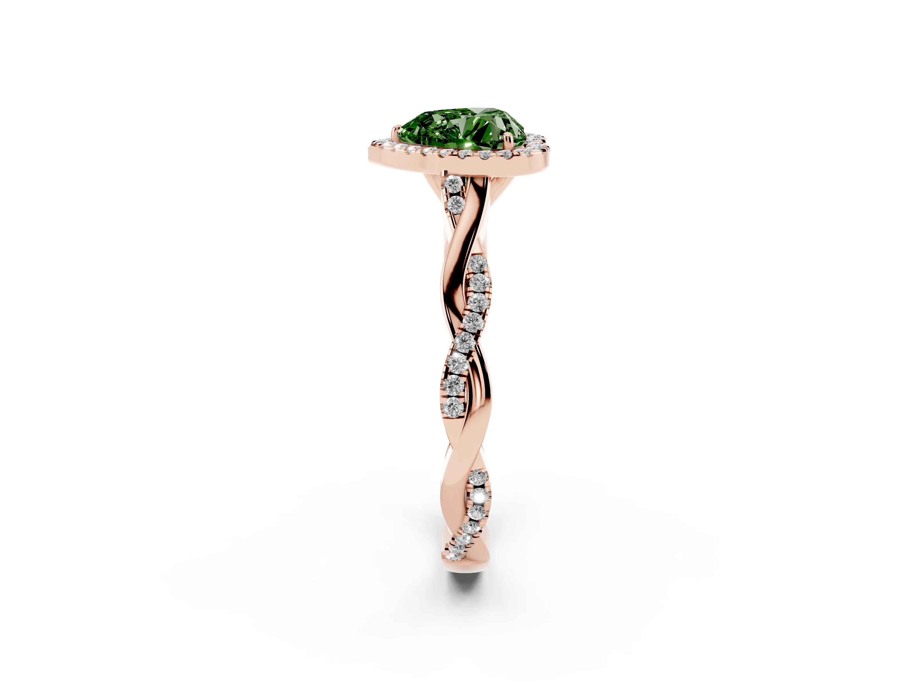 Fancy Green Heart Cut Diamond Halo Twist Band Solitaire Ring Set in Rose gold with Prong Setting