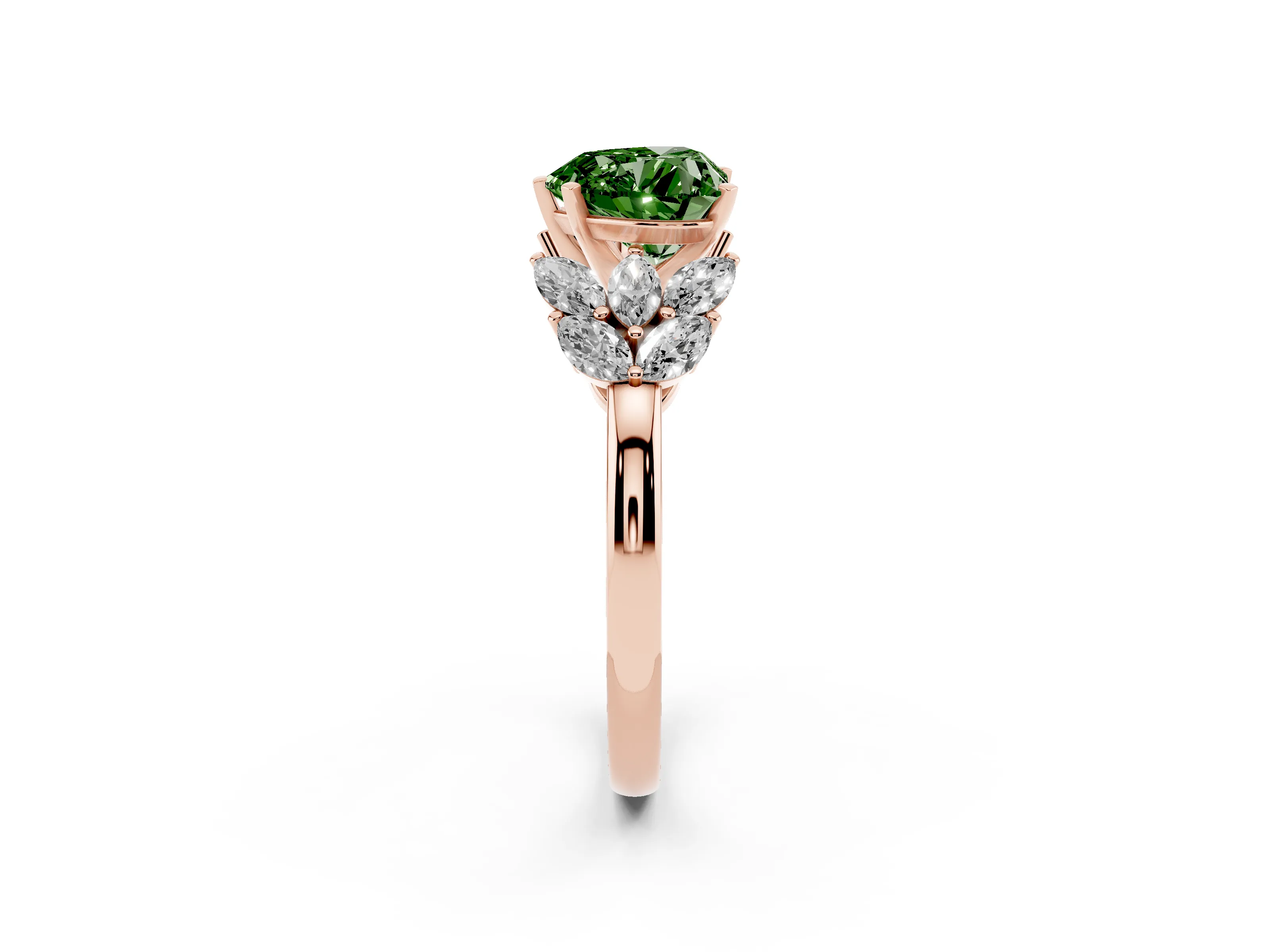 Fancy Green Heart Cut Diamond Cluster Leaf Design Ring Set in Rose gold with Prong Setting