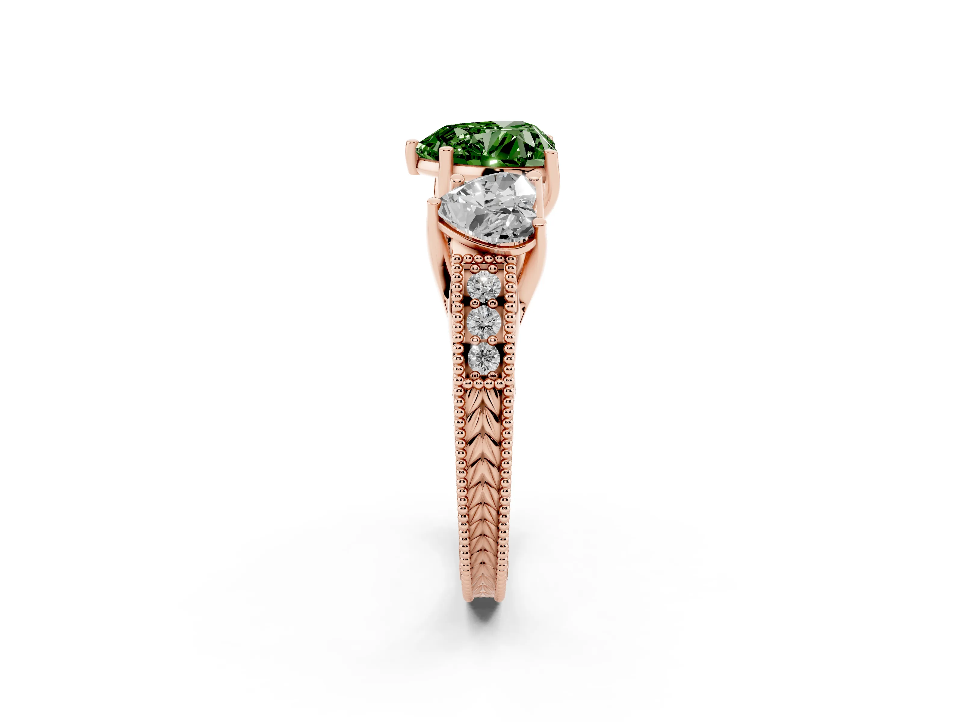 Fancy Green Heart Cut Diamond Three-Stone Engagement Ring Set in Rose gold with Milgrain Pavé Band