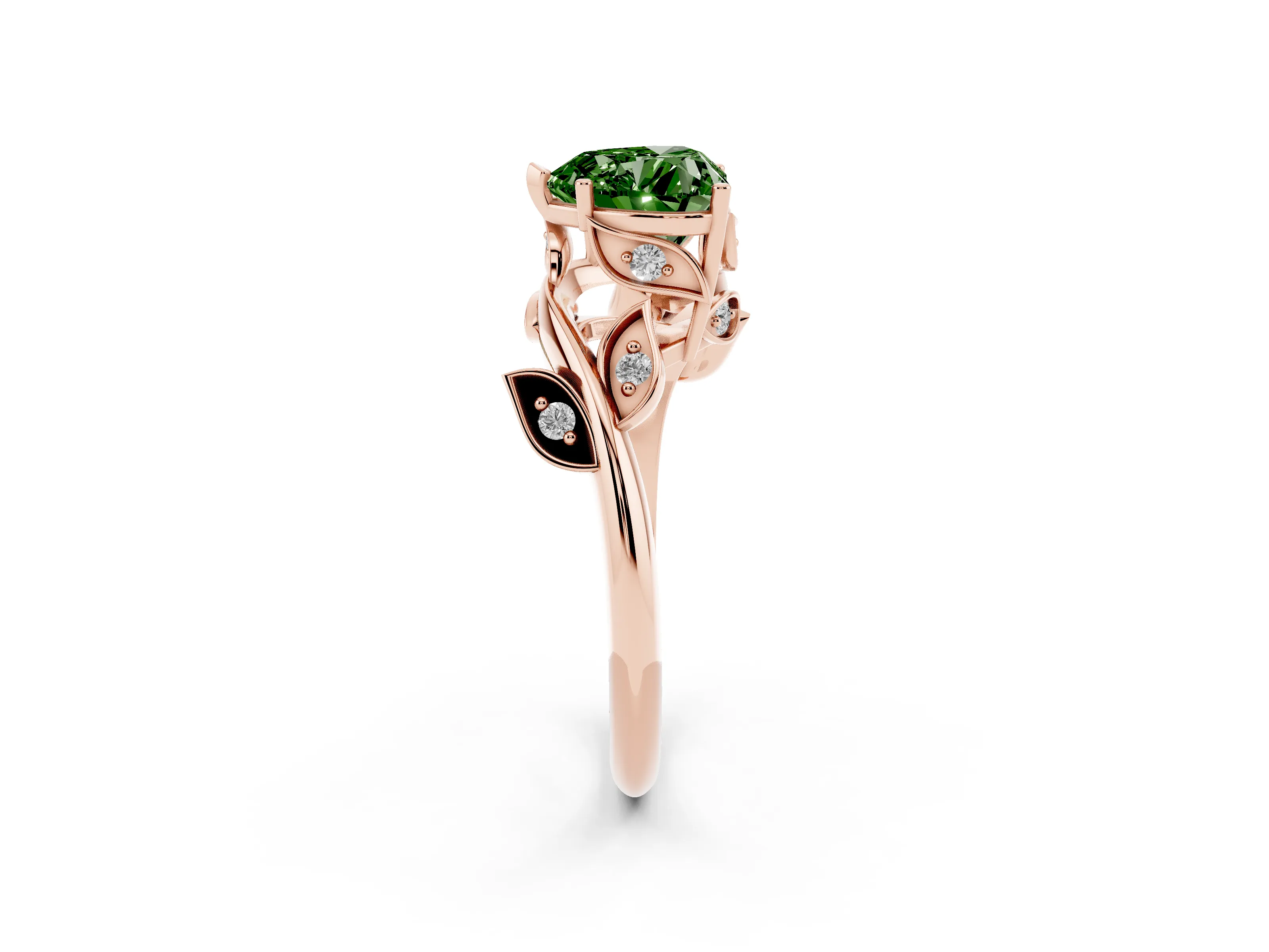 Fancy Green Heart Cut Diamond Solitaire Twist Engagement Ring Set in Rose gold with Pavé Leaf Accents