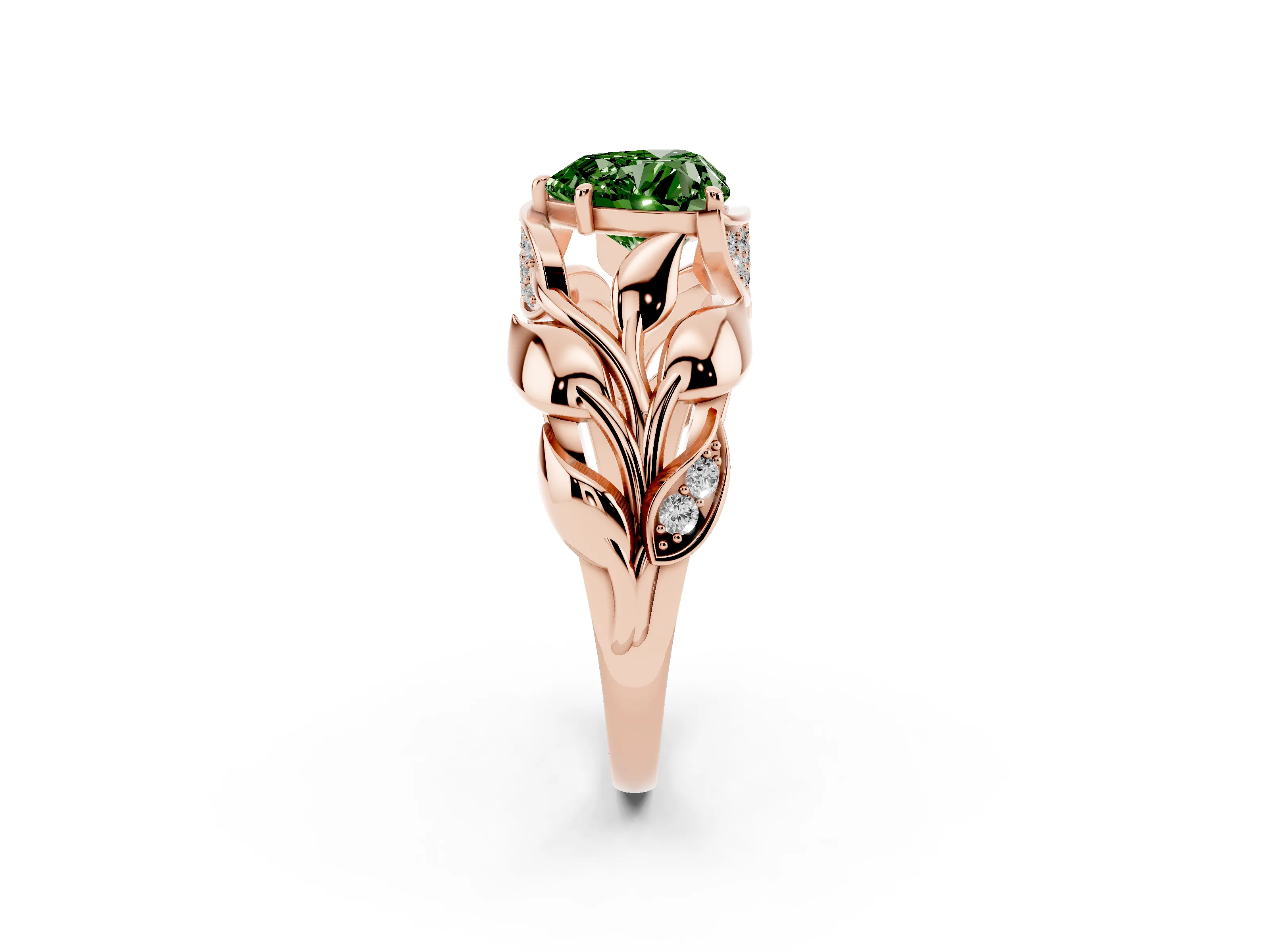 Fancy Green Heart Cut Diamond Leaf-Inspired Engagement Ring Set in Rose gold with Round Accents