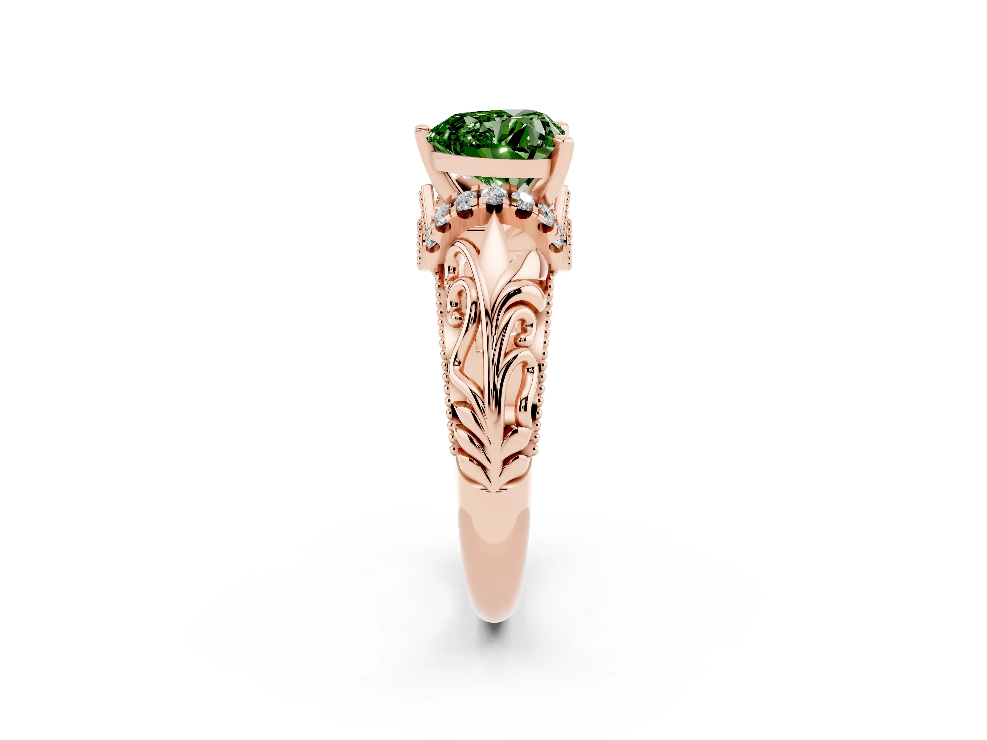 Fancy Green Heart Cut Diamond Filigree Halo Engagement Ring Set in Rose gold with Prong Setting