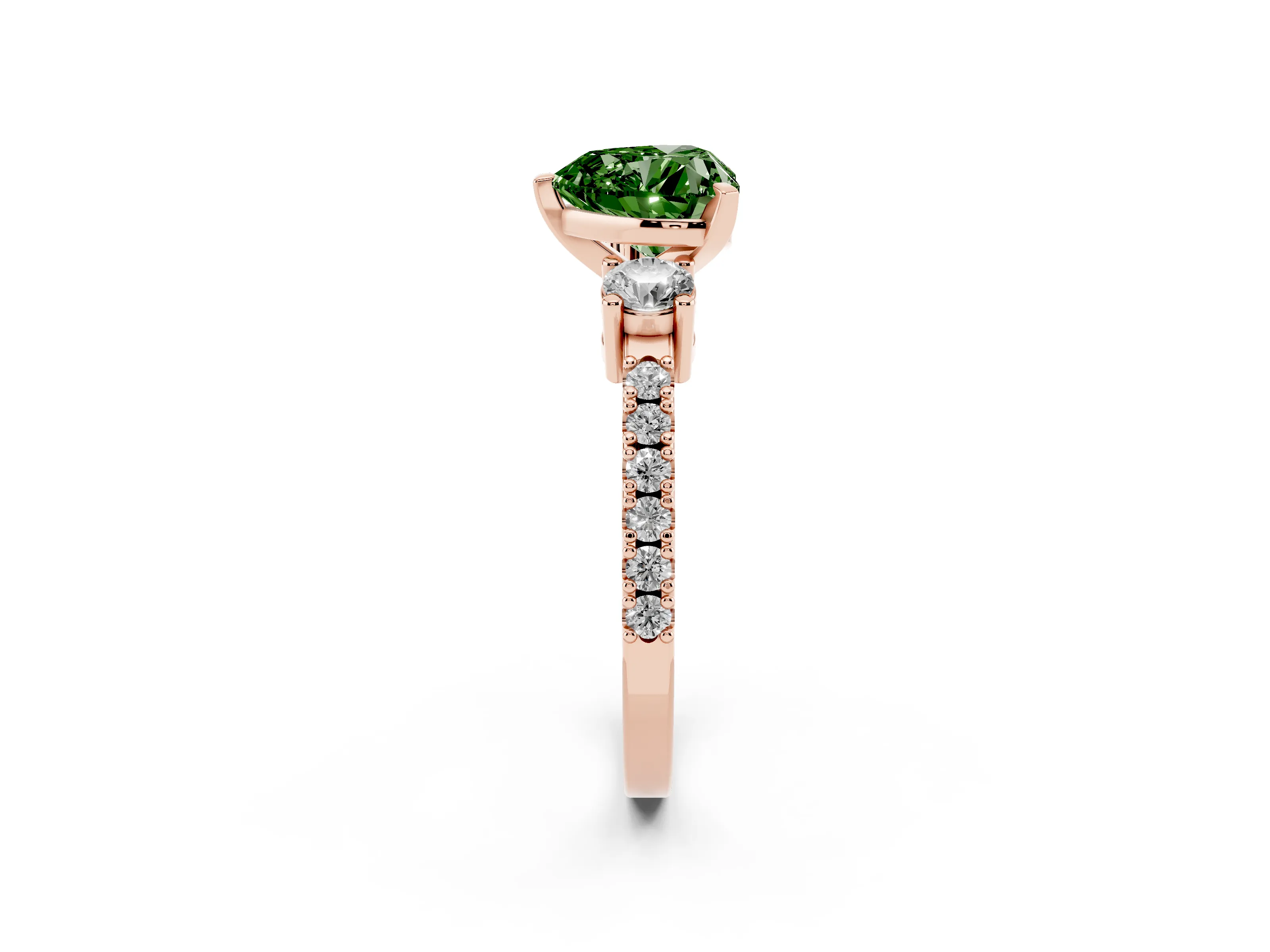 Fancy Green Three-Stone Heart Cut Diamond Pavé Band Ring Set in Rose gold with Prong Setting