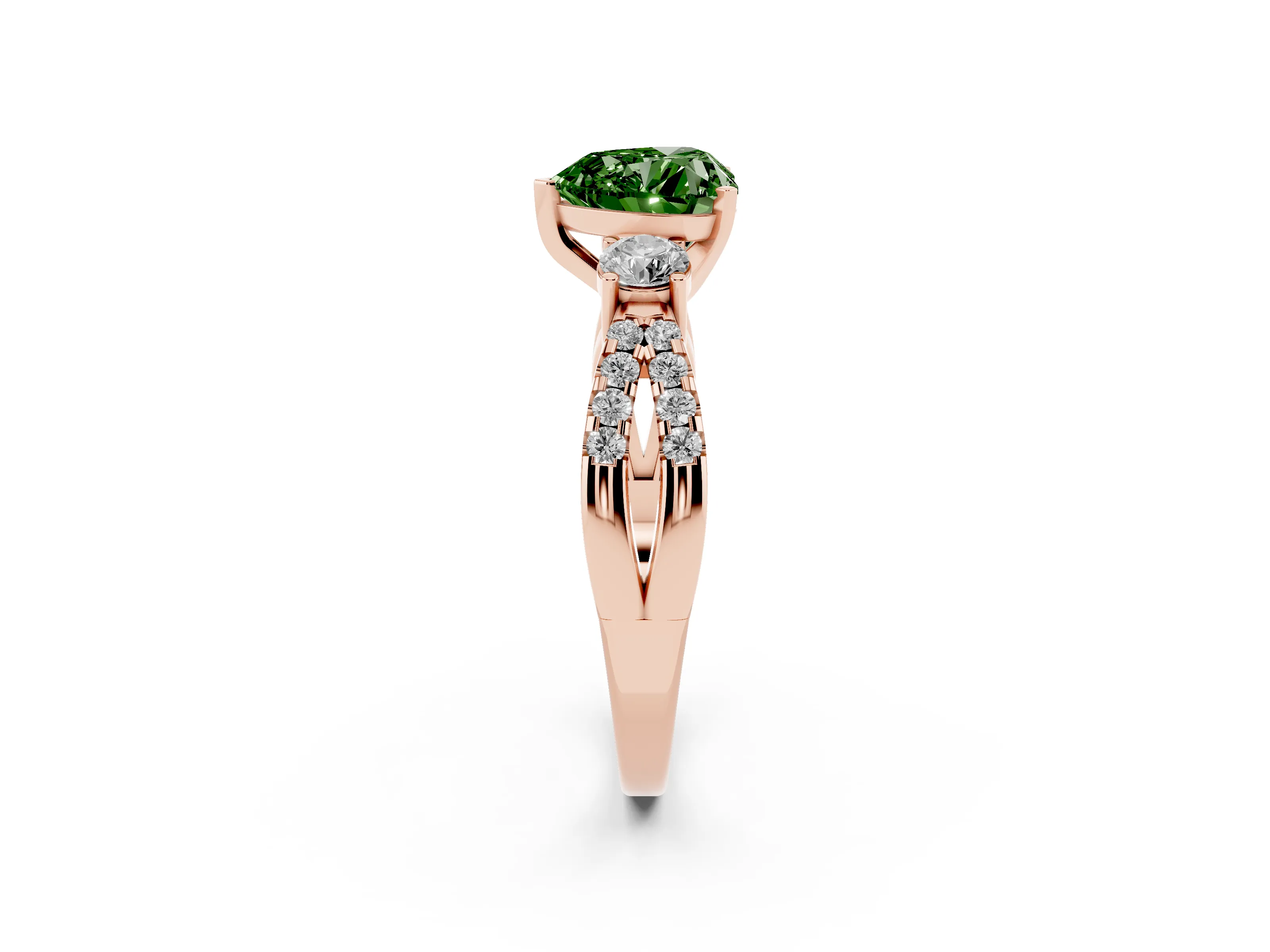Fancy Green Heart Cut Diamond Three-Stone Ring Set in Rose gold with Pavé Split Shank and Prong Setting