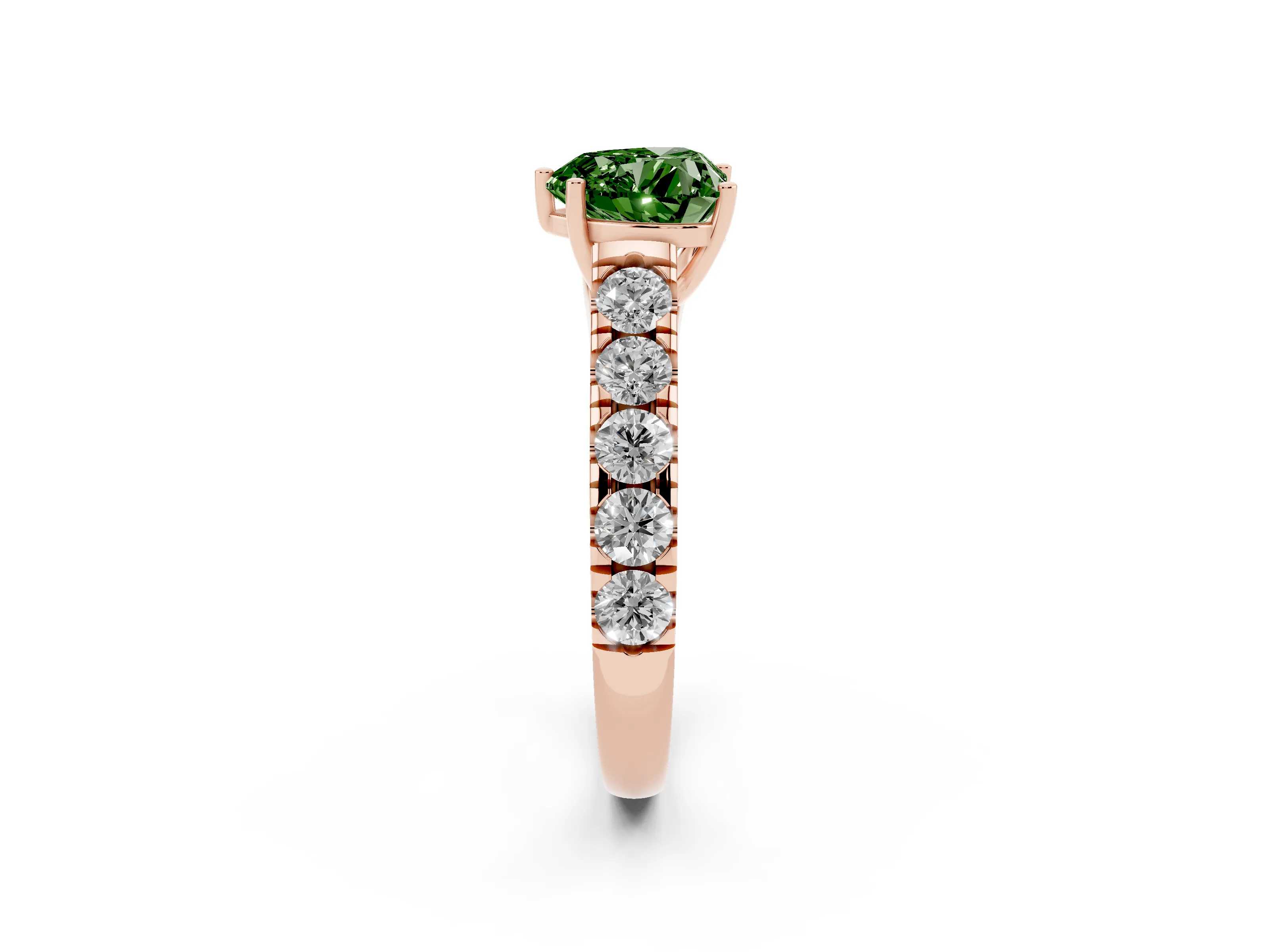 Fancy Green Heart Cut Diamond Solitaire Ring Set in Rose gold with Cut-Down Micro Pavé Band and Prong Setting