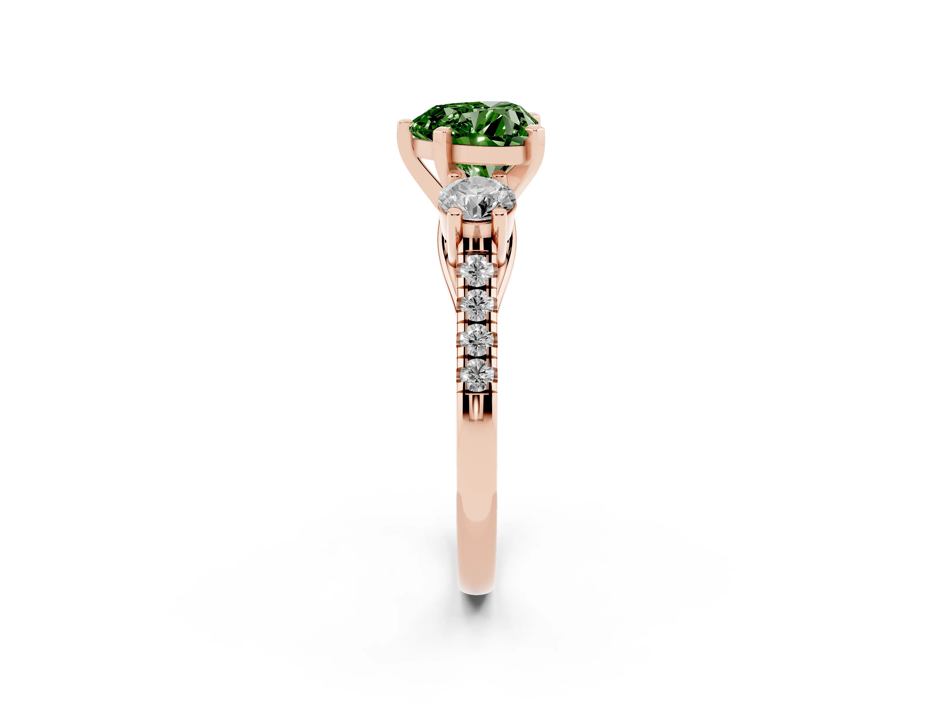Fancy Green Three-Stone Heart Cut Diamond Pavé Band Ring Set in Rose gold with Prong-Set Trio