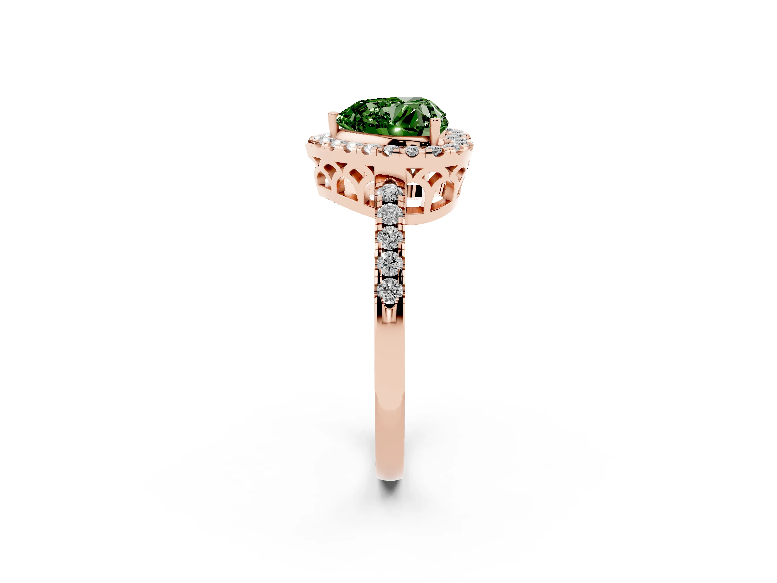 Fancy Green Heart Cut Diamond Pavé Band Halo Engagement Ring Set in Rose gold with Prong Setting