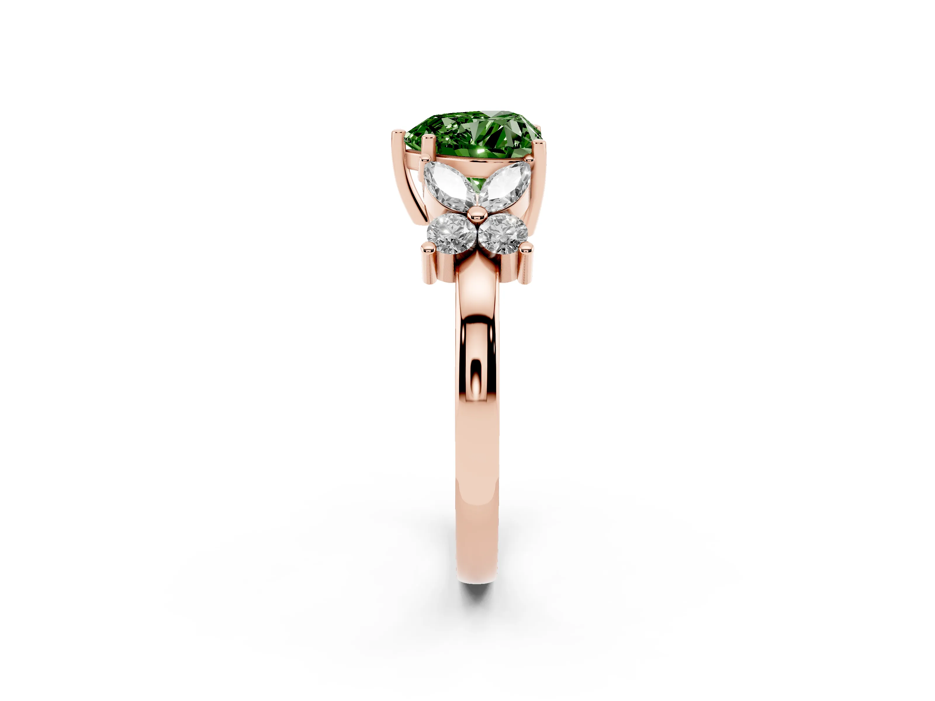 Fancy Green Heart Cut Diamond Floral Cluster Ring Set in Rose gold with Marquise Petals and Prong Setting