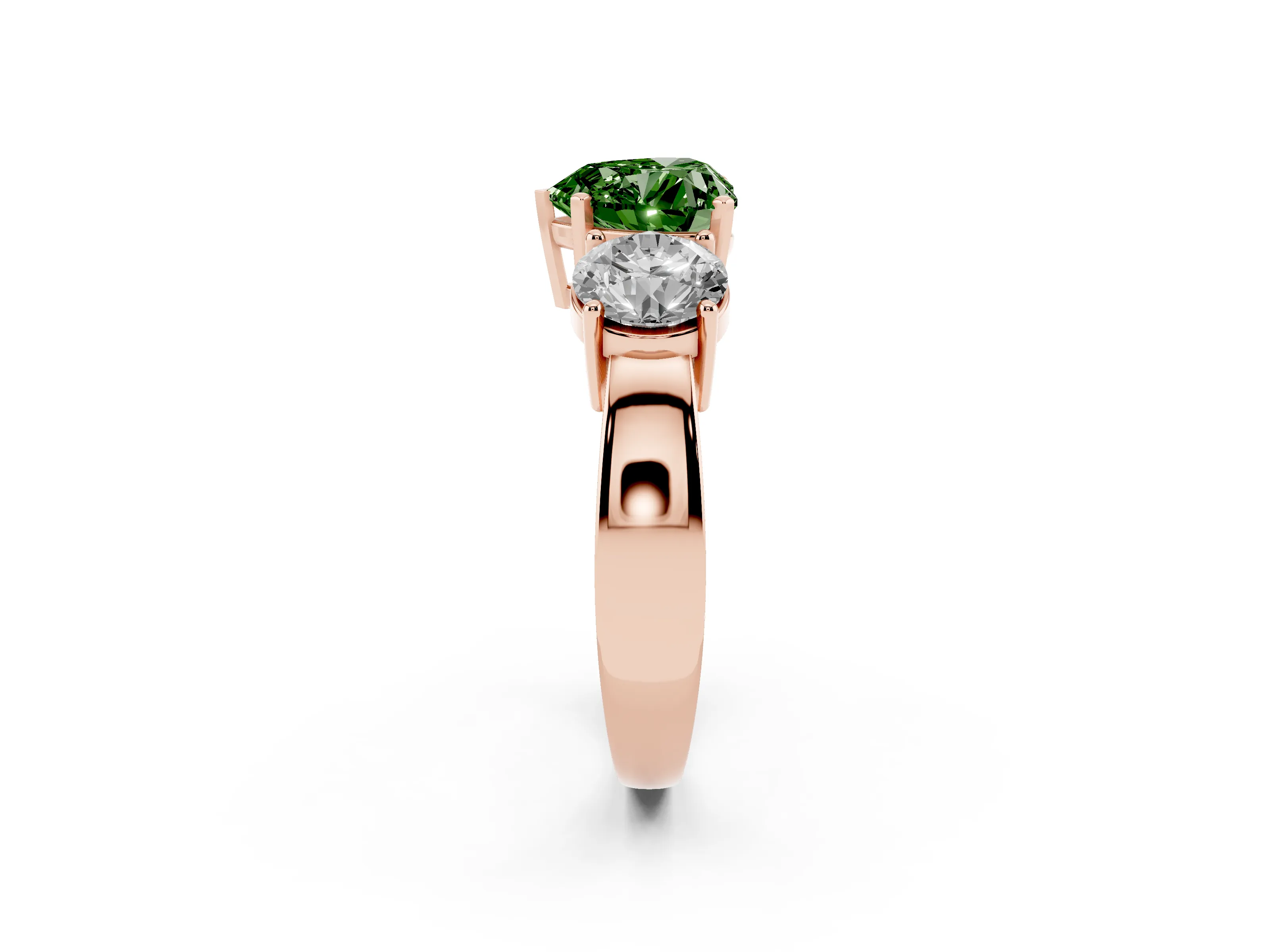 Fancy Green Heart Cut Diamond Three-Stone Ring Set in Rose gold with Round Side Stones and Classic Band
