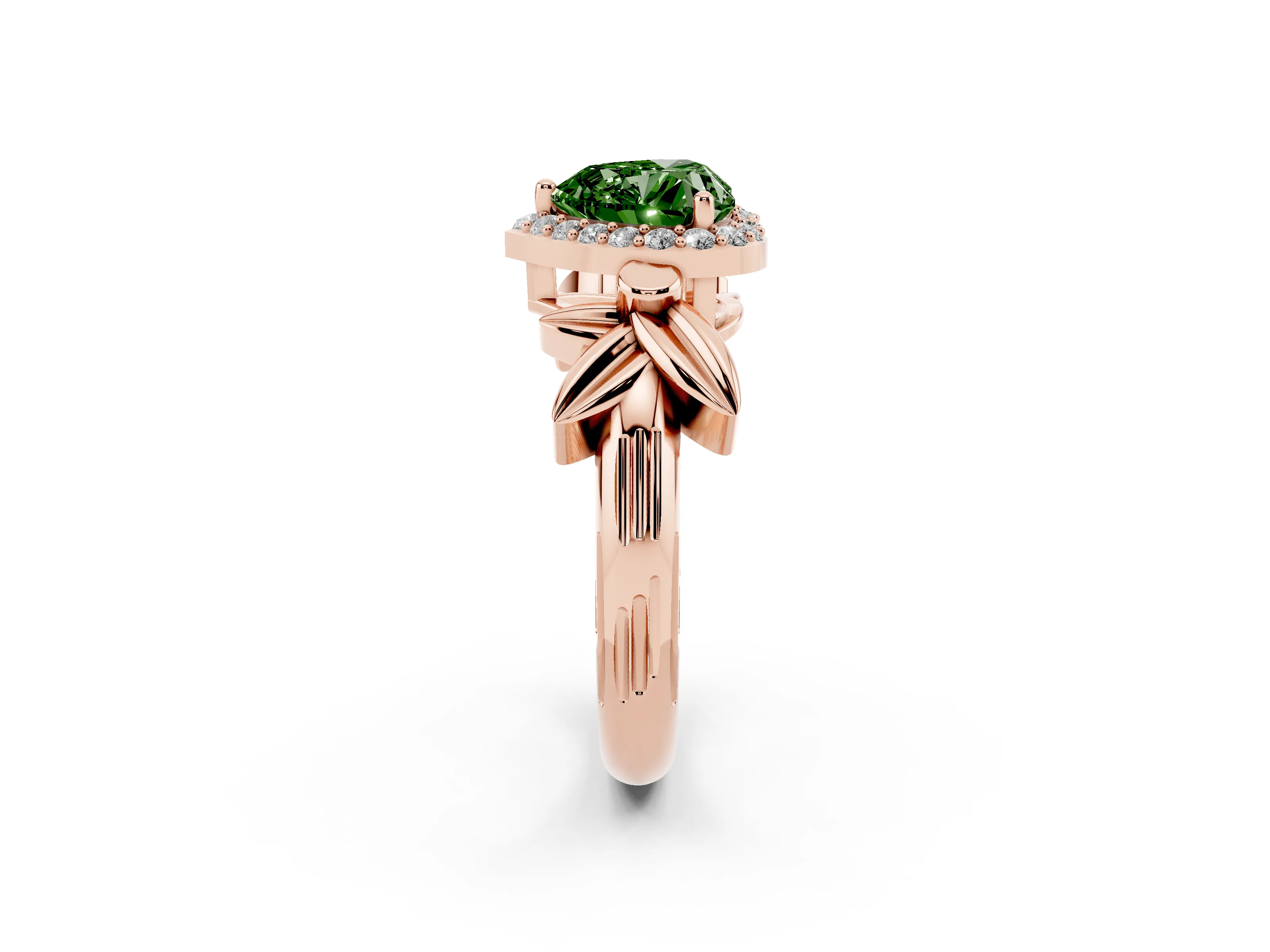 Fancy Green Heart Cut Diamond Halo Floral Band Ring Set in Rose gold with Prong Setting