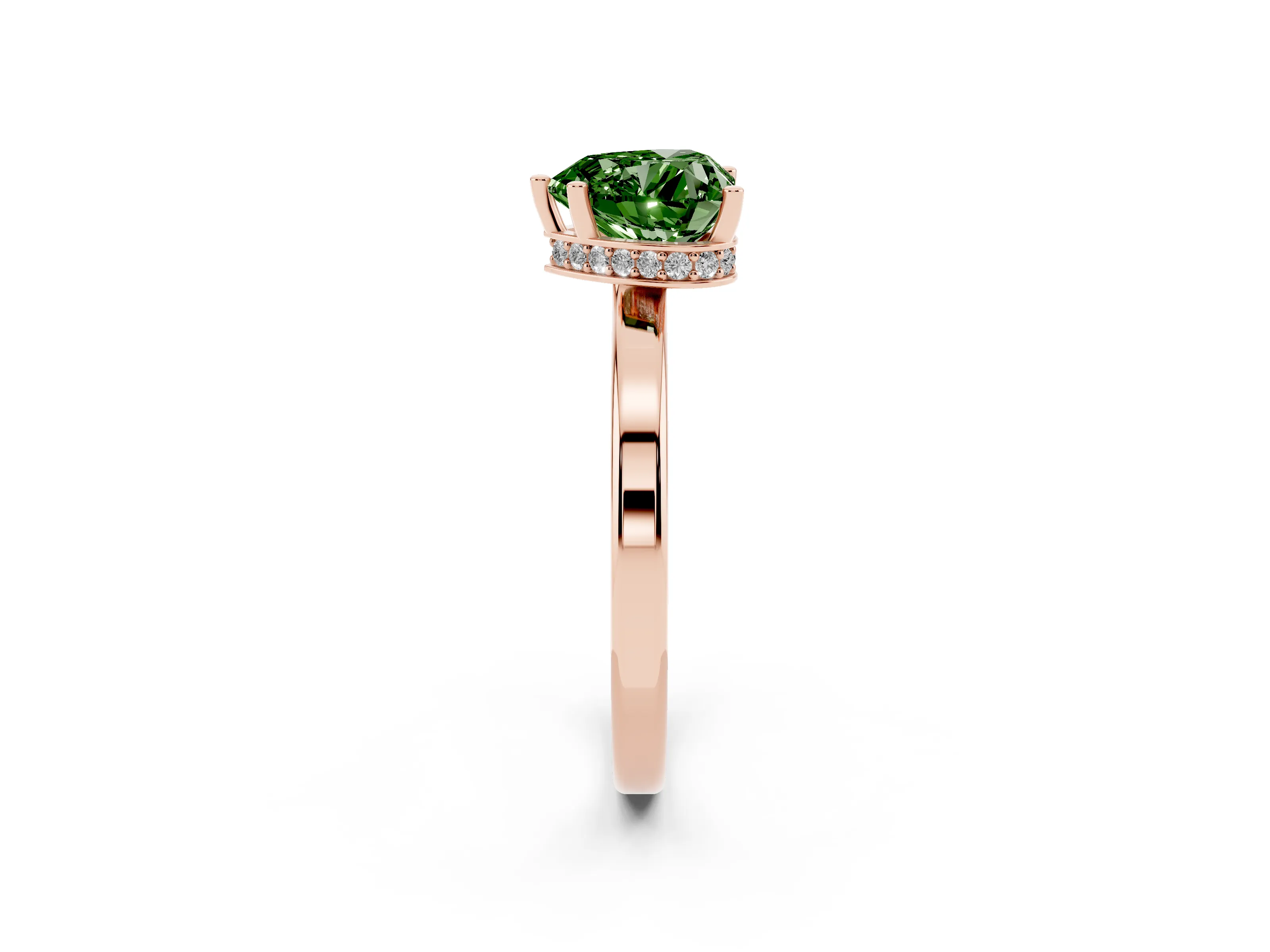 Fancy Green Heart Cut Diamond Solitaire Engagement Ring Set in Rose gold with Prong Setting on a Plain Band