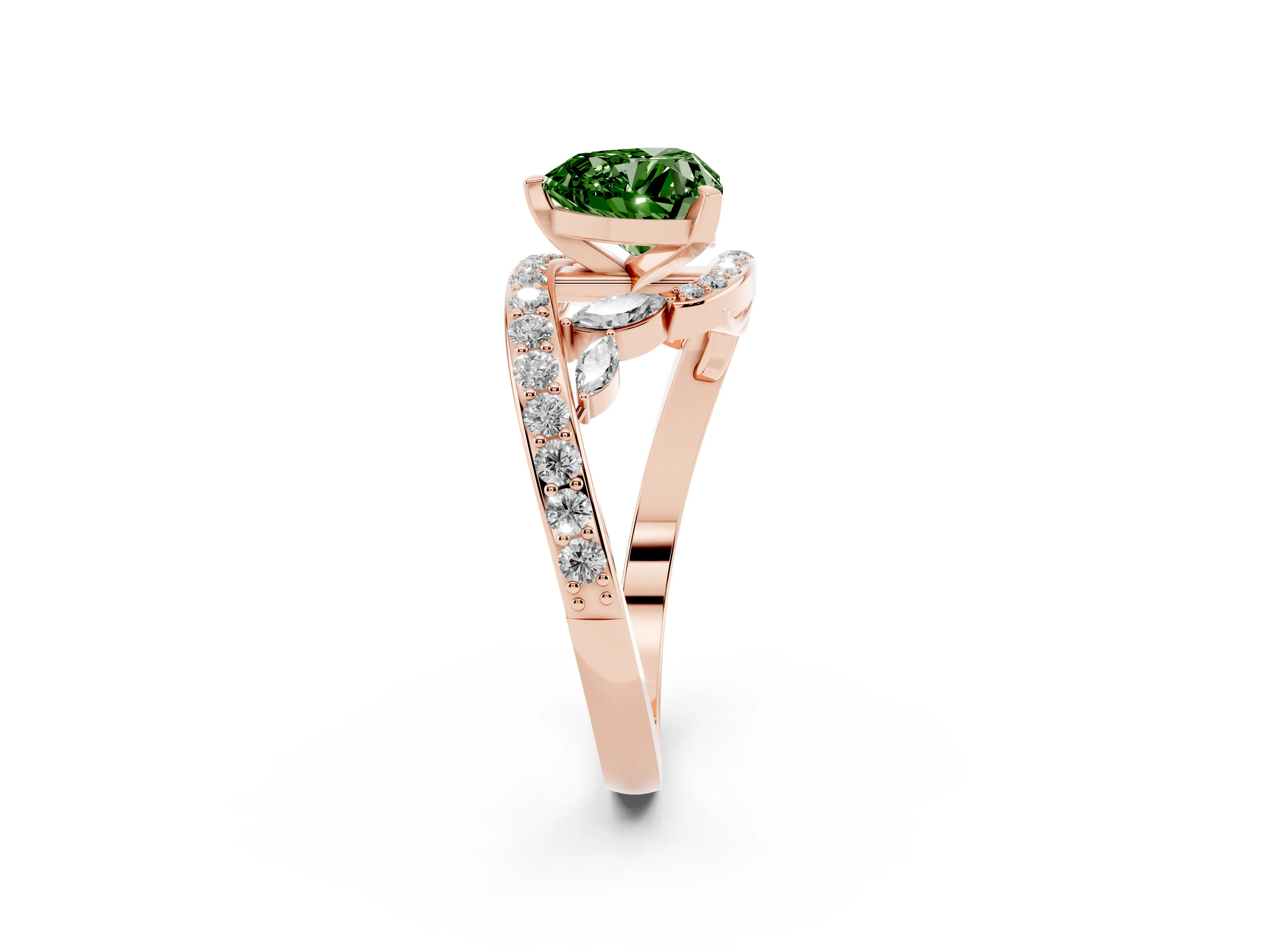 Fancy Green Heart Cut Diamond Solitaire Ring Set in Rose gold with Pavé Twist Band and Secure Prong Setting