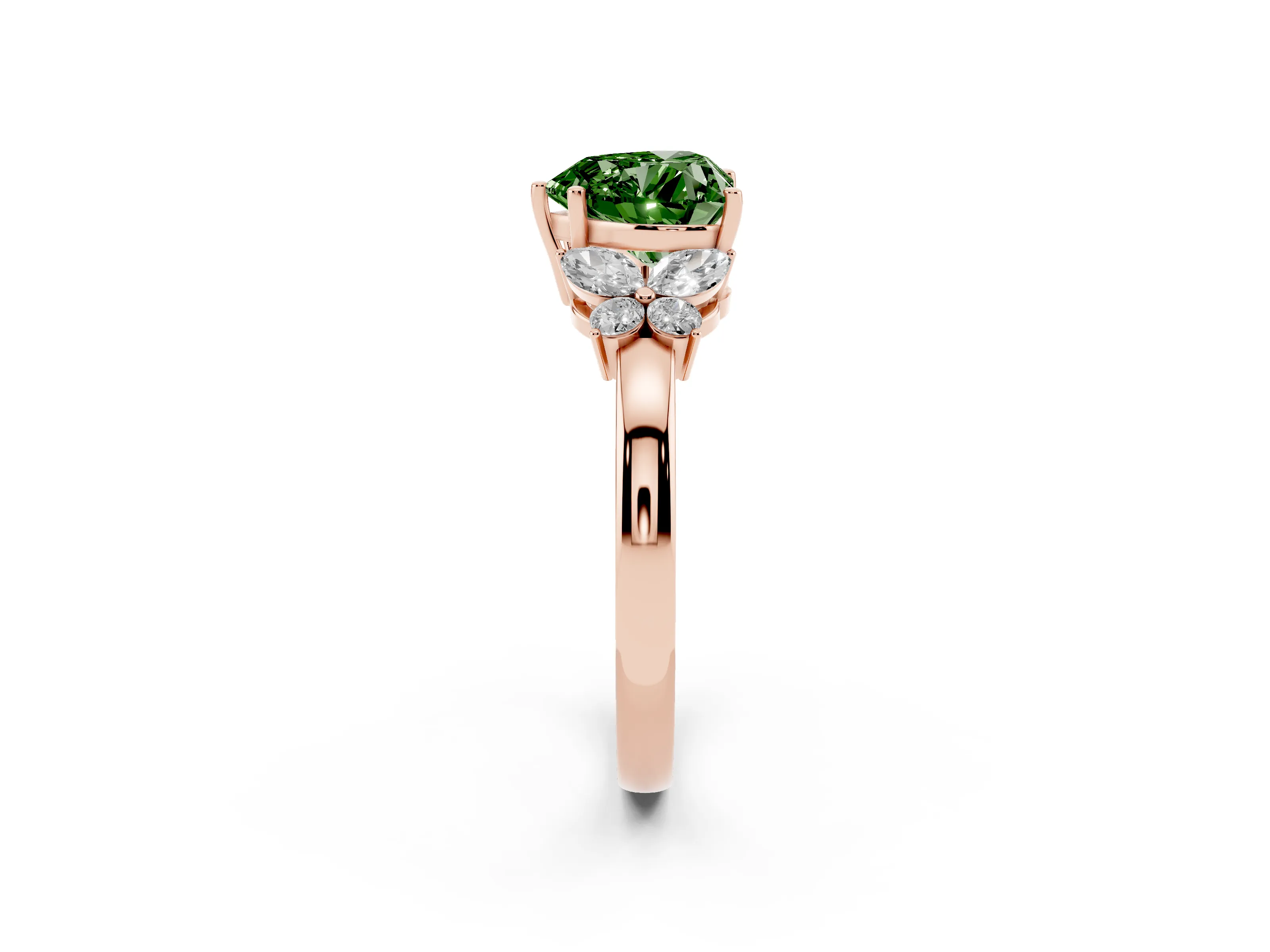 Fancy Green Heart Cut Diamond Solitaire Floral Ring Set in Rose gold with Marquise Petals and Prong Setting