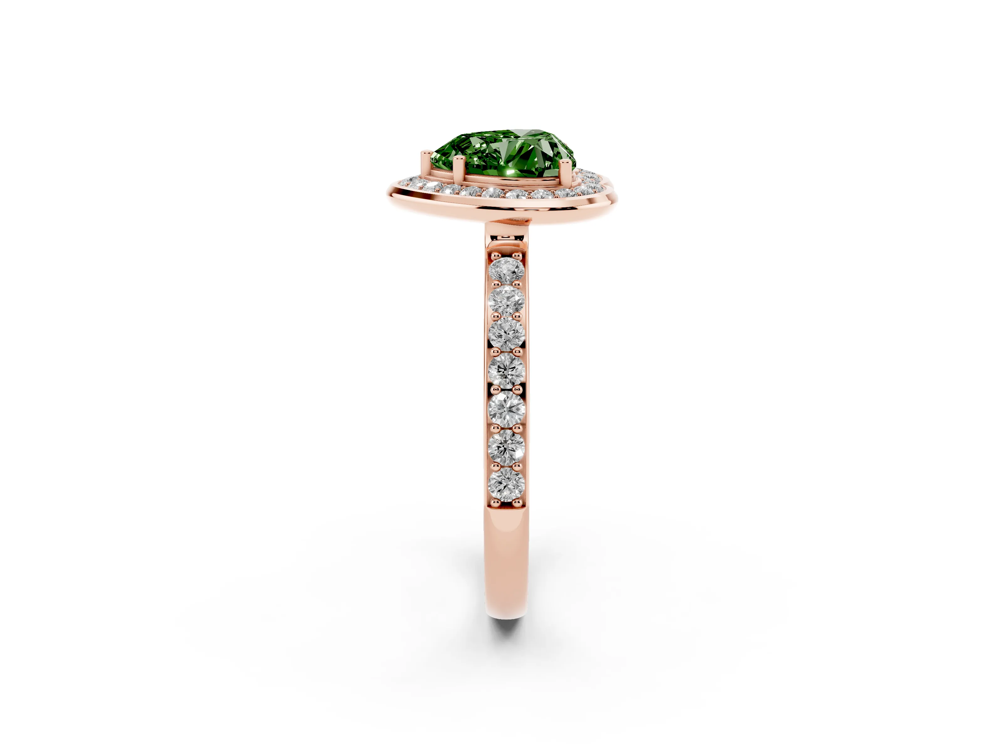 Fancy Green Heart Cut Diamond Halo Ring Set in Rose gold with Bezel Frame and Pavé Band