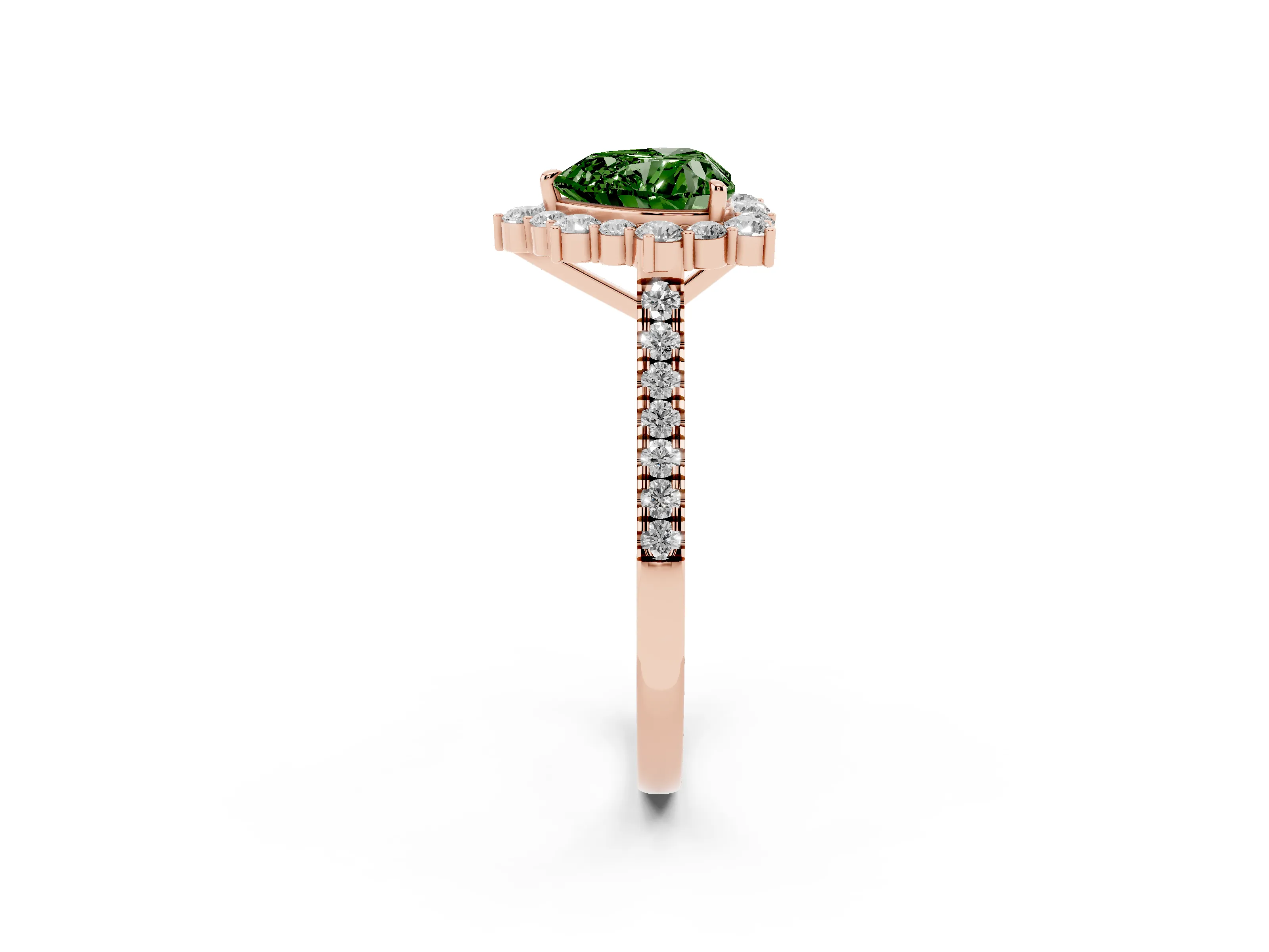 Fancy Green Heart Cut Diamond Halo Ring Set in Rose gold with Pavé Band and Prong Setting