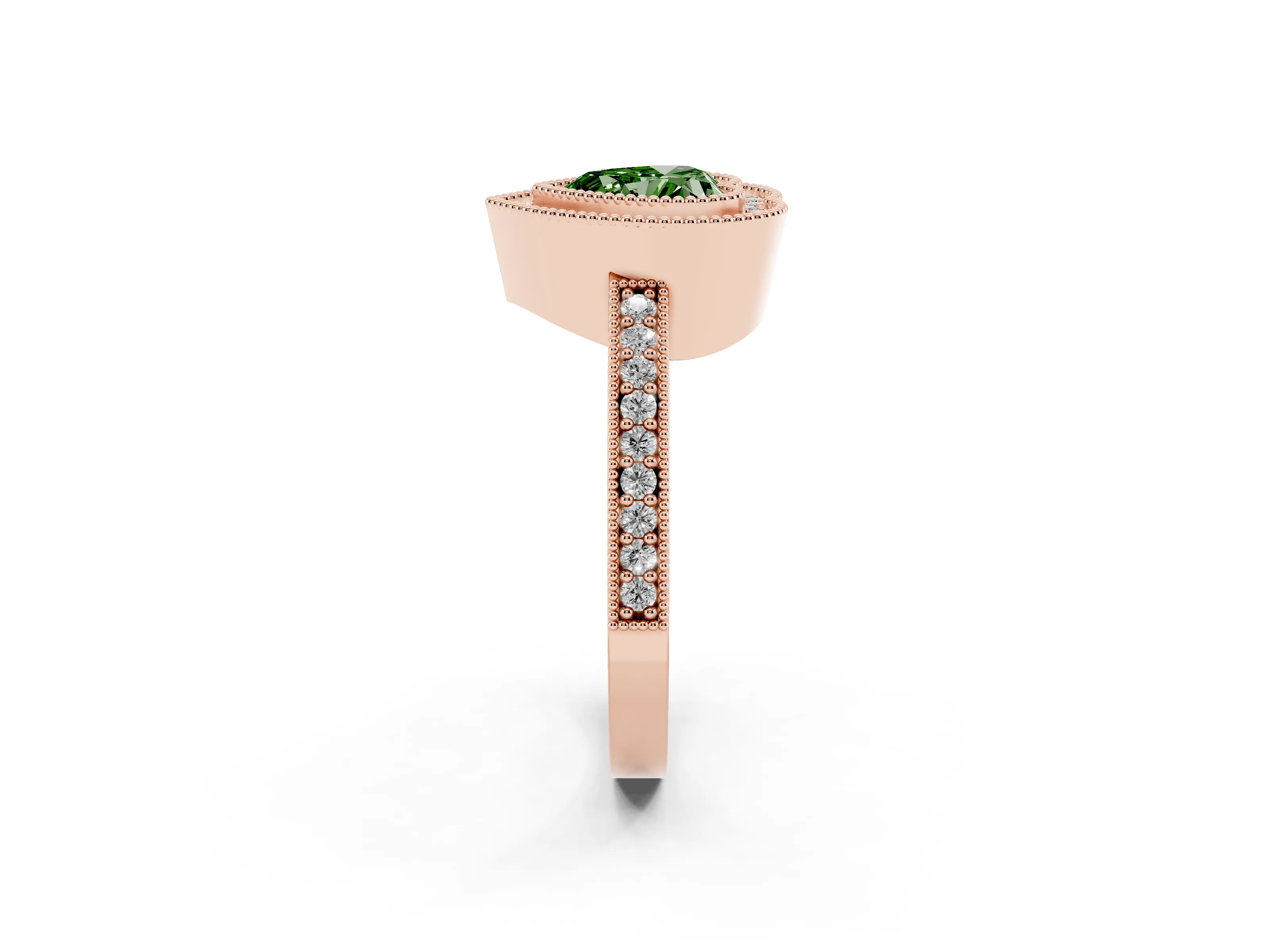Fancy Green Heart Cut Diamond Halo Engagement Ring Set in Rose gold with Pavé Band and Round Halo Stones