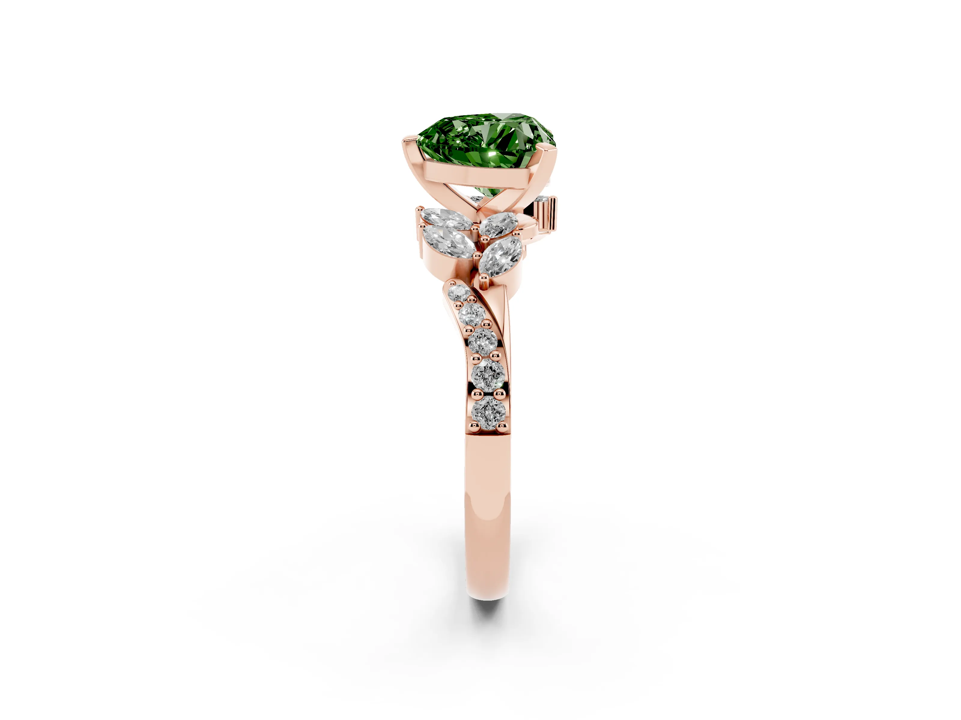 Fancy Green Heart Cut Diamond Solitaire Ring Set in Rose gold with Marquise Twist Band and Prong Setting