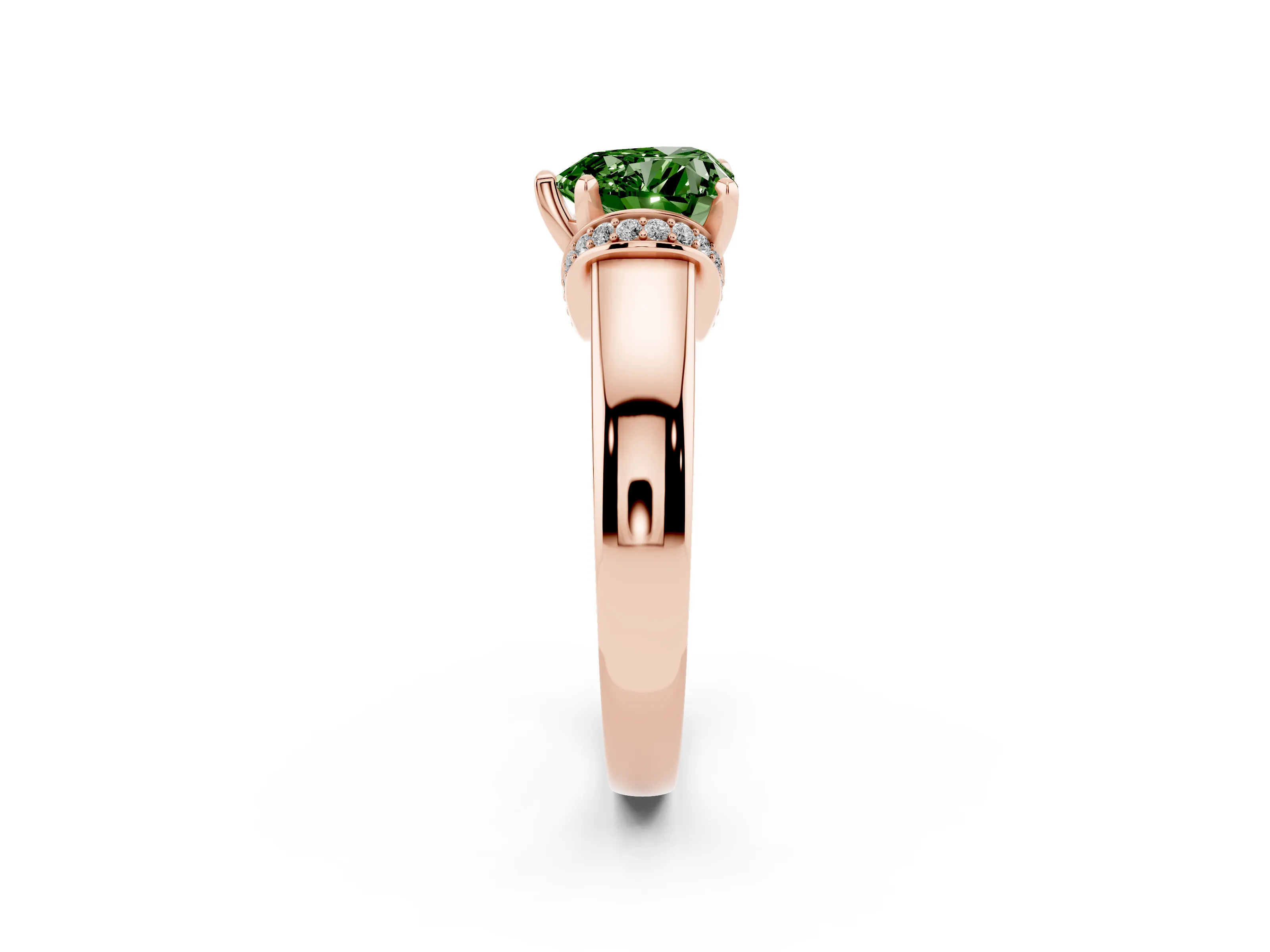 Fancy Green Heart Cut Diamond Pavé Band Solitaire Ring Set in Rose gold with Prong Setting