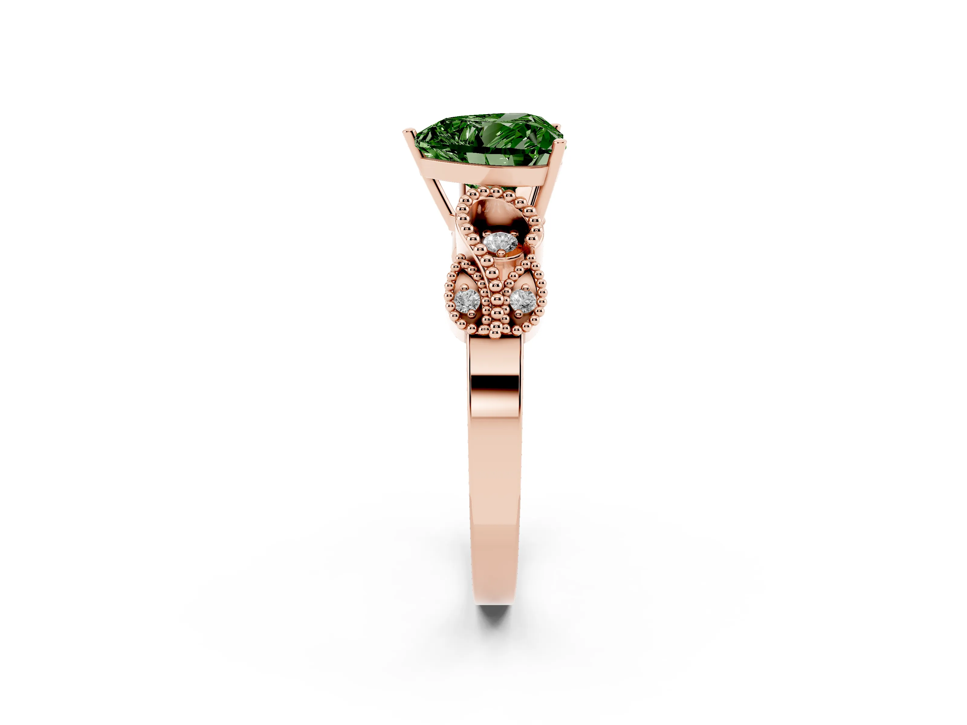 Fancy Green Heart Cut Diamond Milgrain Leaf Band Solitaire Ring Set in Rose gold with Accent Stones and Prong Setting