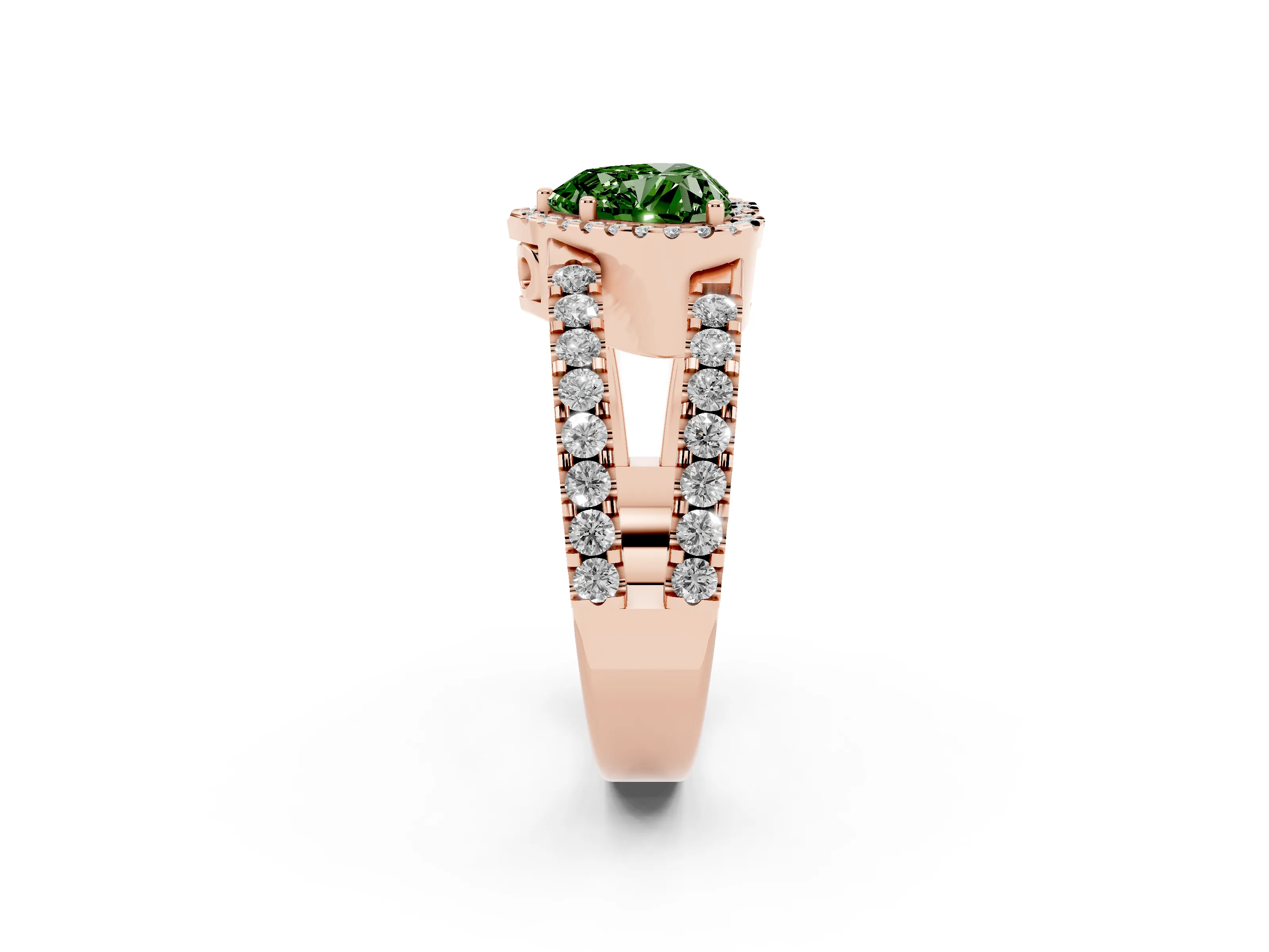 Fancy Green Heart Cut Diamond Halo Ring Set in Rose gold with Pavé Split Shank and Prong Setting