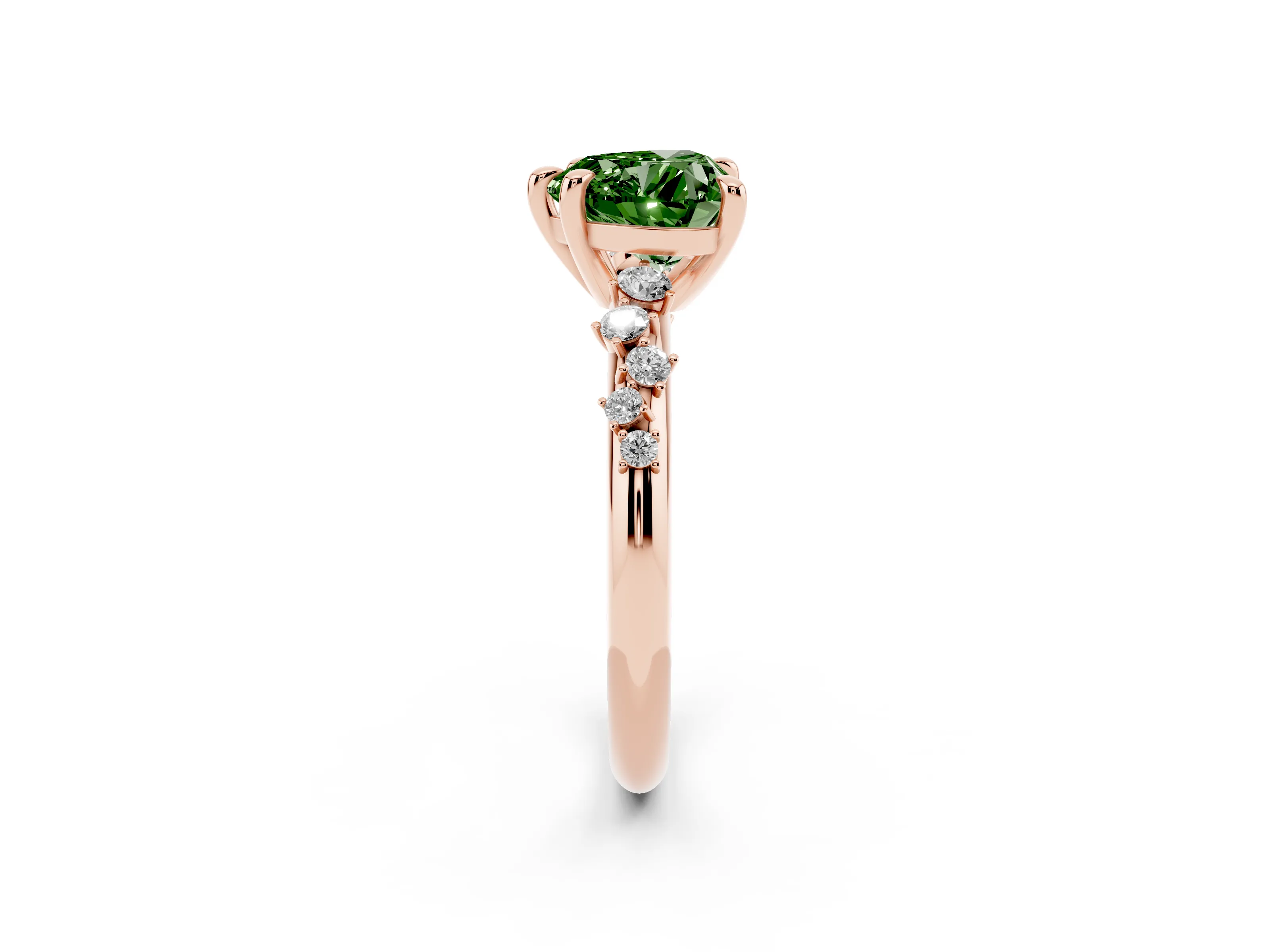 Fancy Green Heart Cut Diamond Solitaire Vine Band Ring Set in Rose gold with Round Accents and Prong Setting