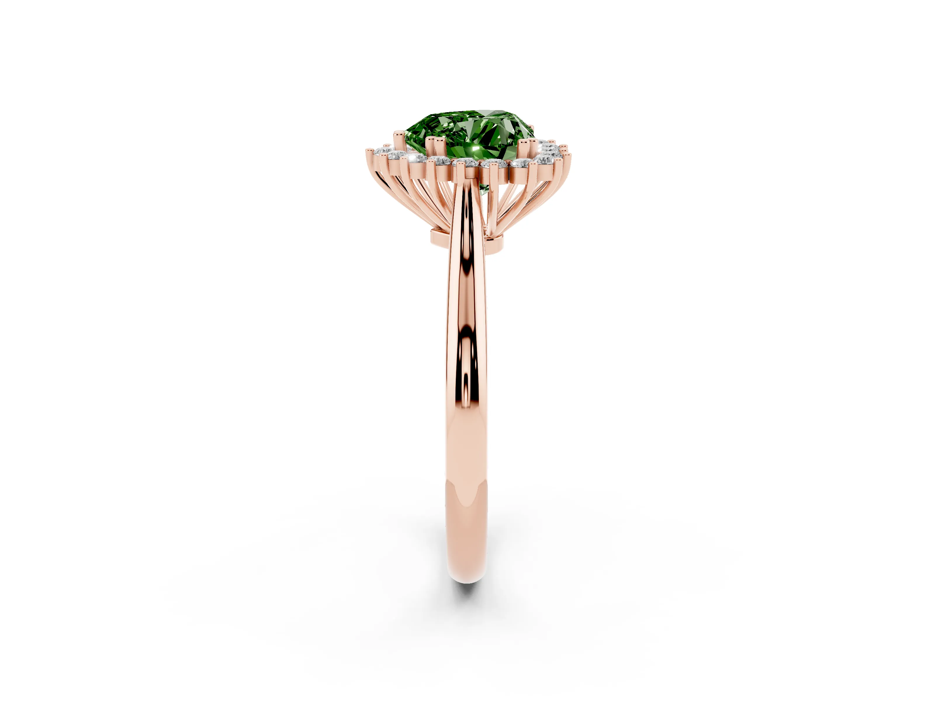 Fancy Green Heart Cut Diamond Halo Ring Set in Rose gold with Plain Solitaire Band and Prong Setting