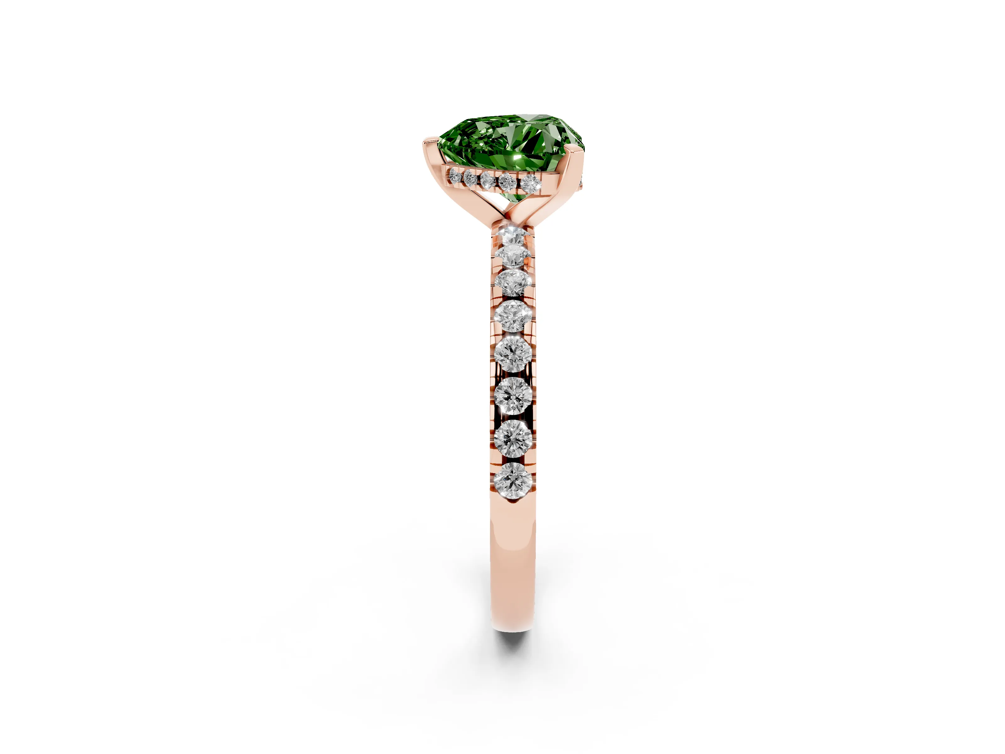 Fancy Green Heart Cut Diamond Pavé Solitaire Ring Set in Rose gold with Round Band Accents and Prong Setting