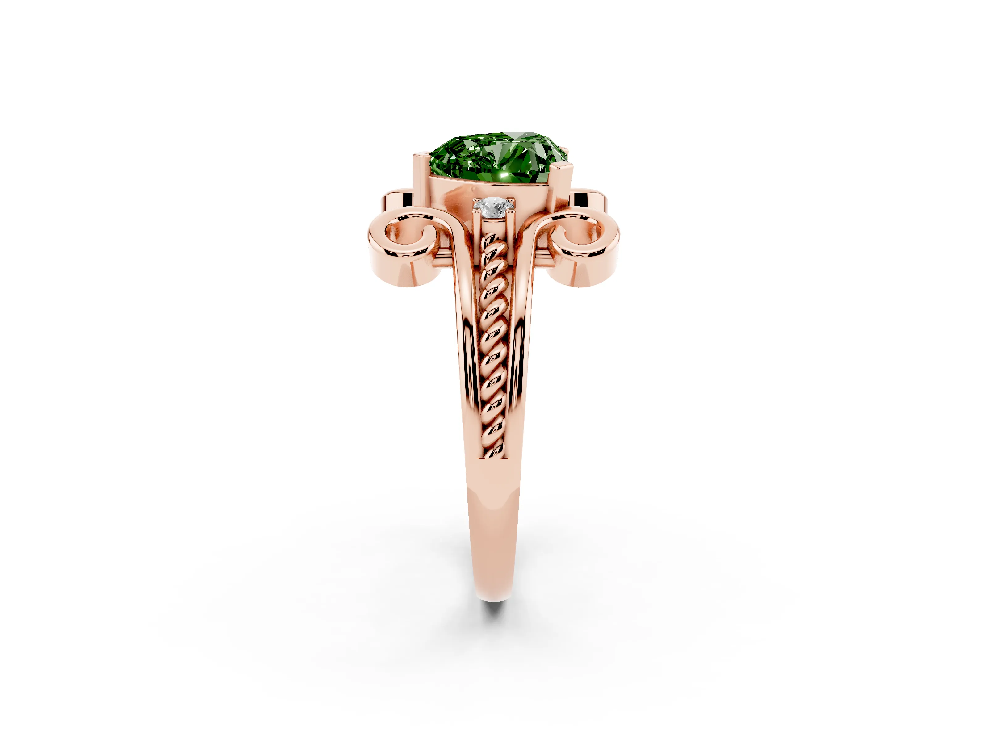 Fancy Green Heart Cut Diamond Twisted Band Solitaire Ring Set in Rose gold with Scroll Prongs
