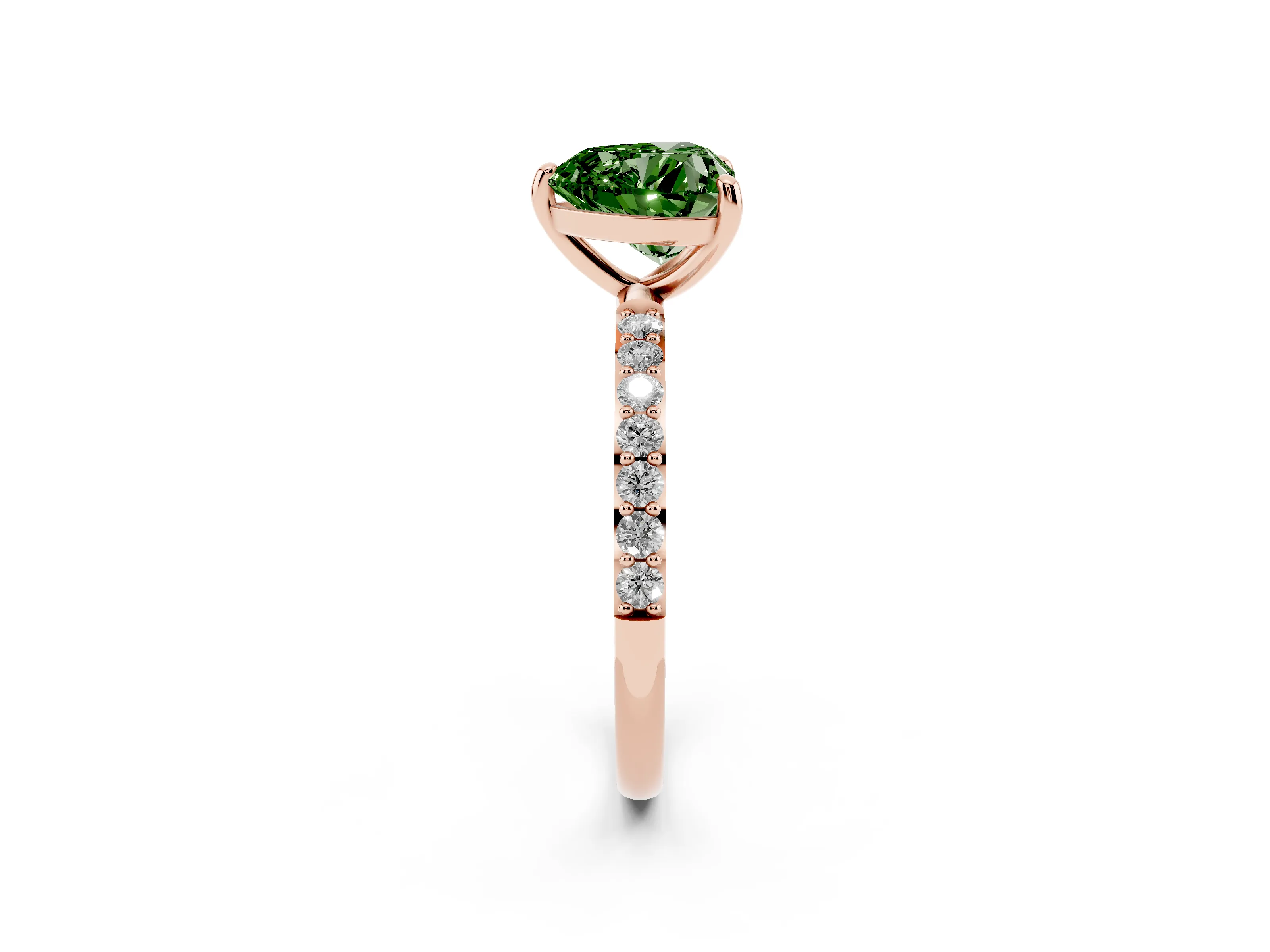 Fancy Green Heart Cut Diamond Solitaire Ring Set in Rose gold with Round Pavé Band and Prong Setting