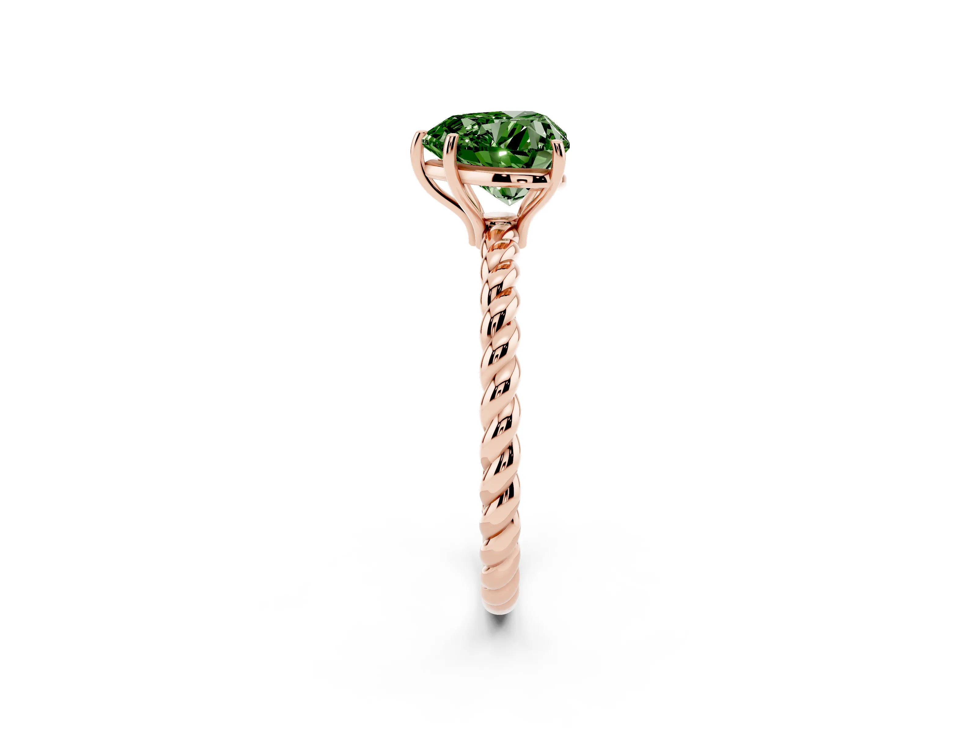 Fancy Green Heart Cut Diamond Solitaire Ring Set in Rose gold with Twist Band and Prong Setting