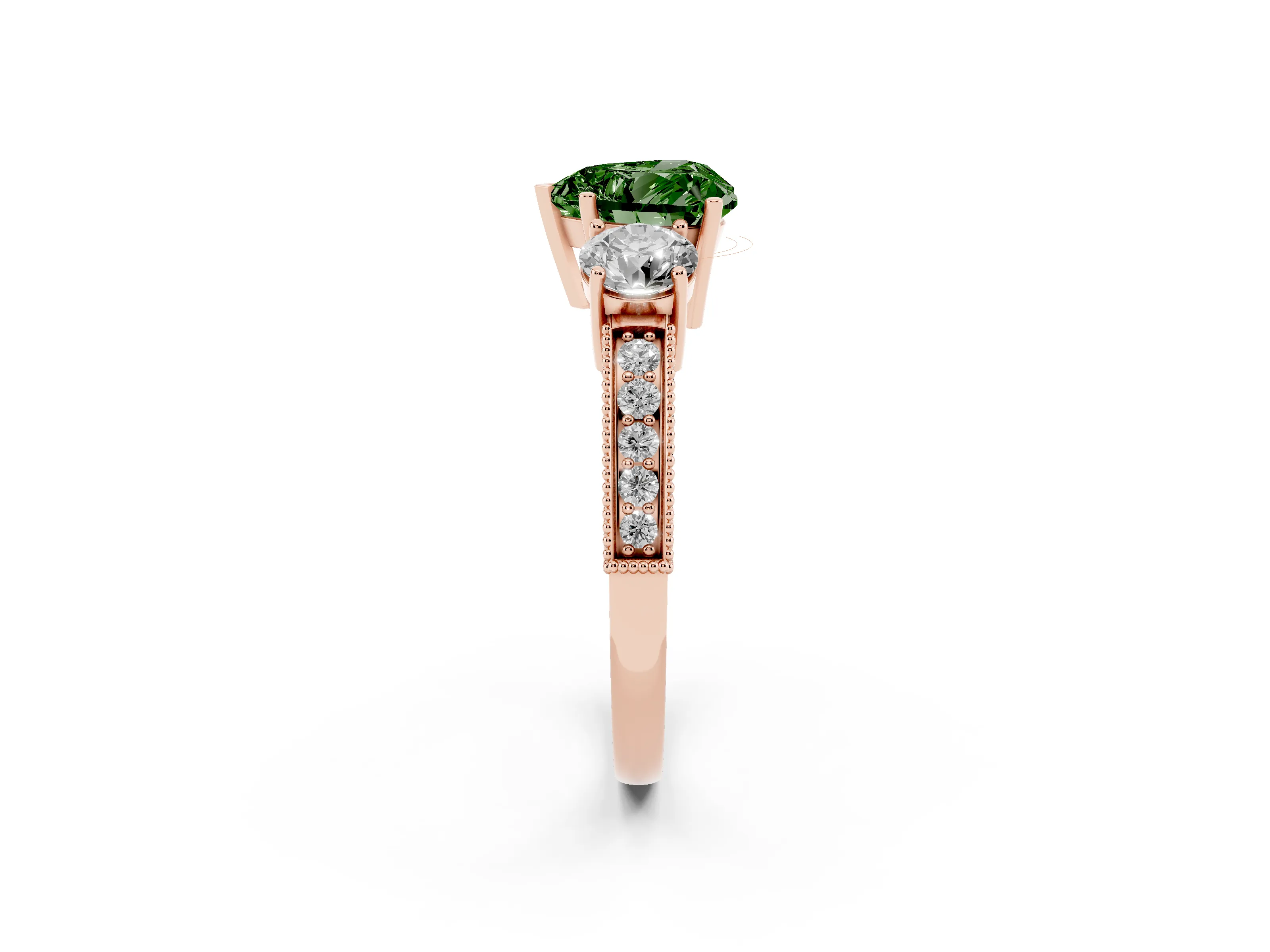 Fancy Green Heart Cut Diamond Three-Stone Ring Set in Rose gold with Round Side Stones and Pavé Band