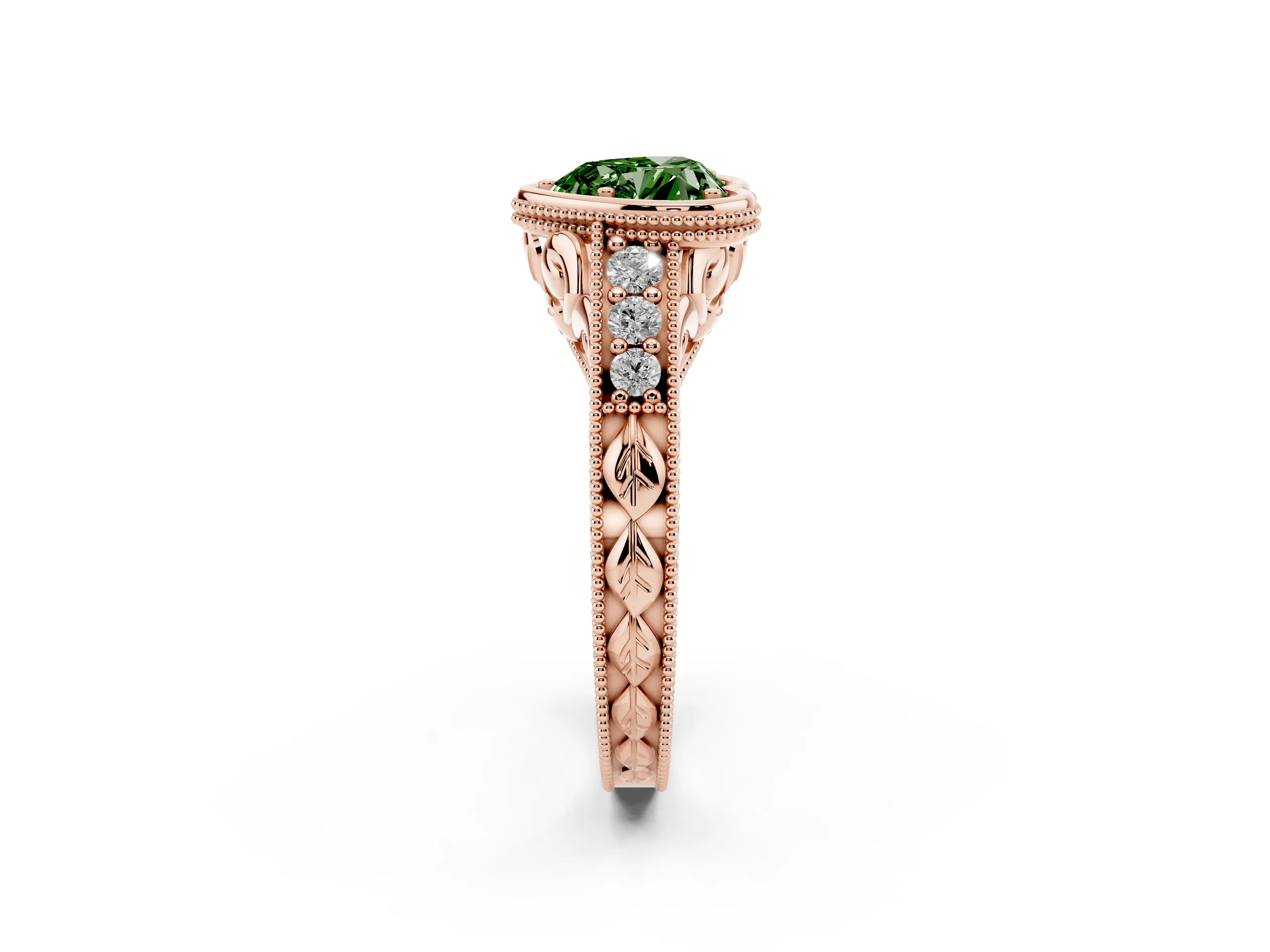 Fancy Green Bezel Set Heart Cut Diamond Milgrain Pavé Engagement Ring Set in Rose gold