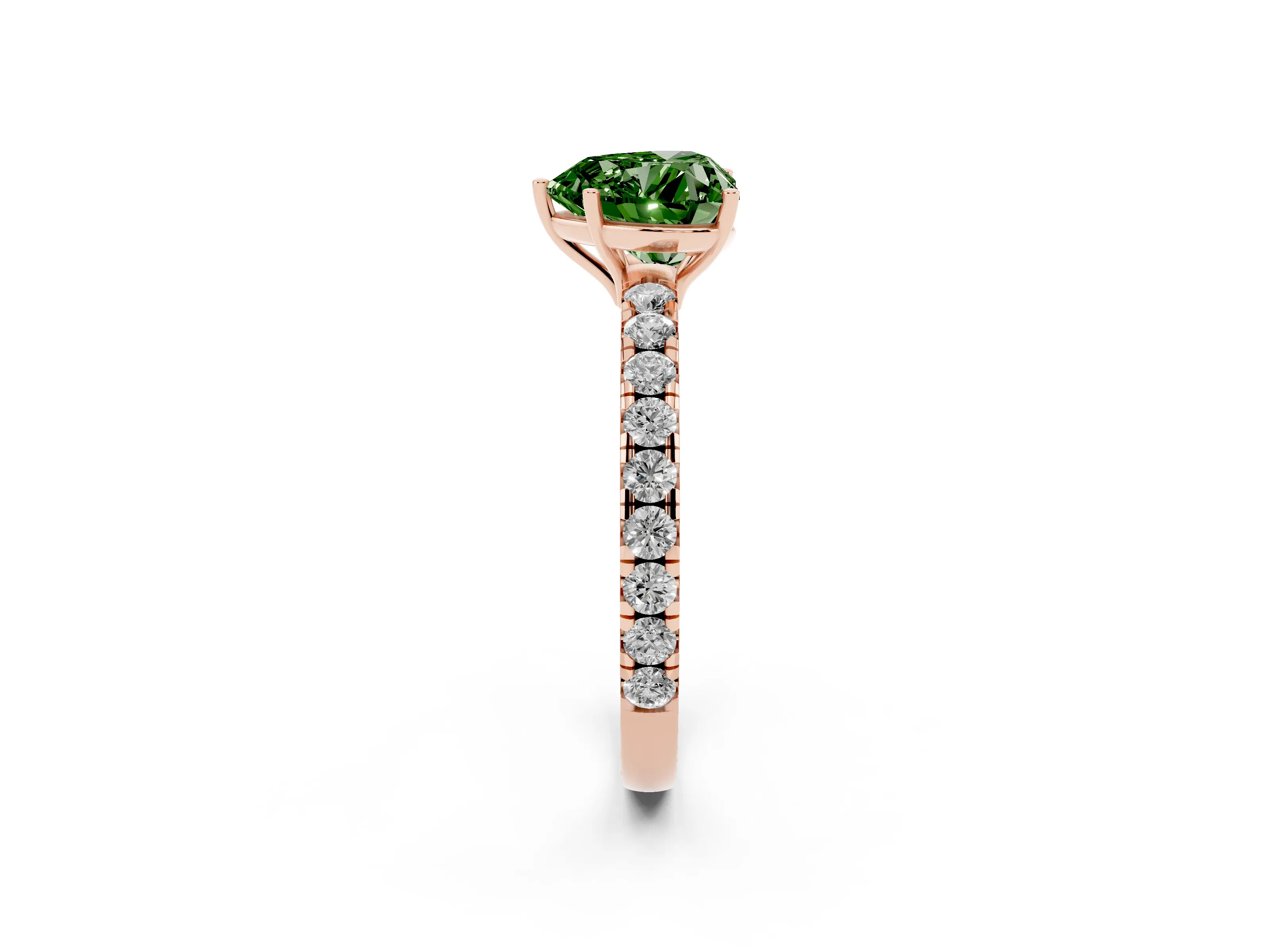 Fancy Green Heart Cut Diamond Pavé Solitaire Engagement Ring Set in Rose gold with Prong Setting