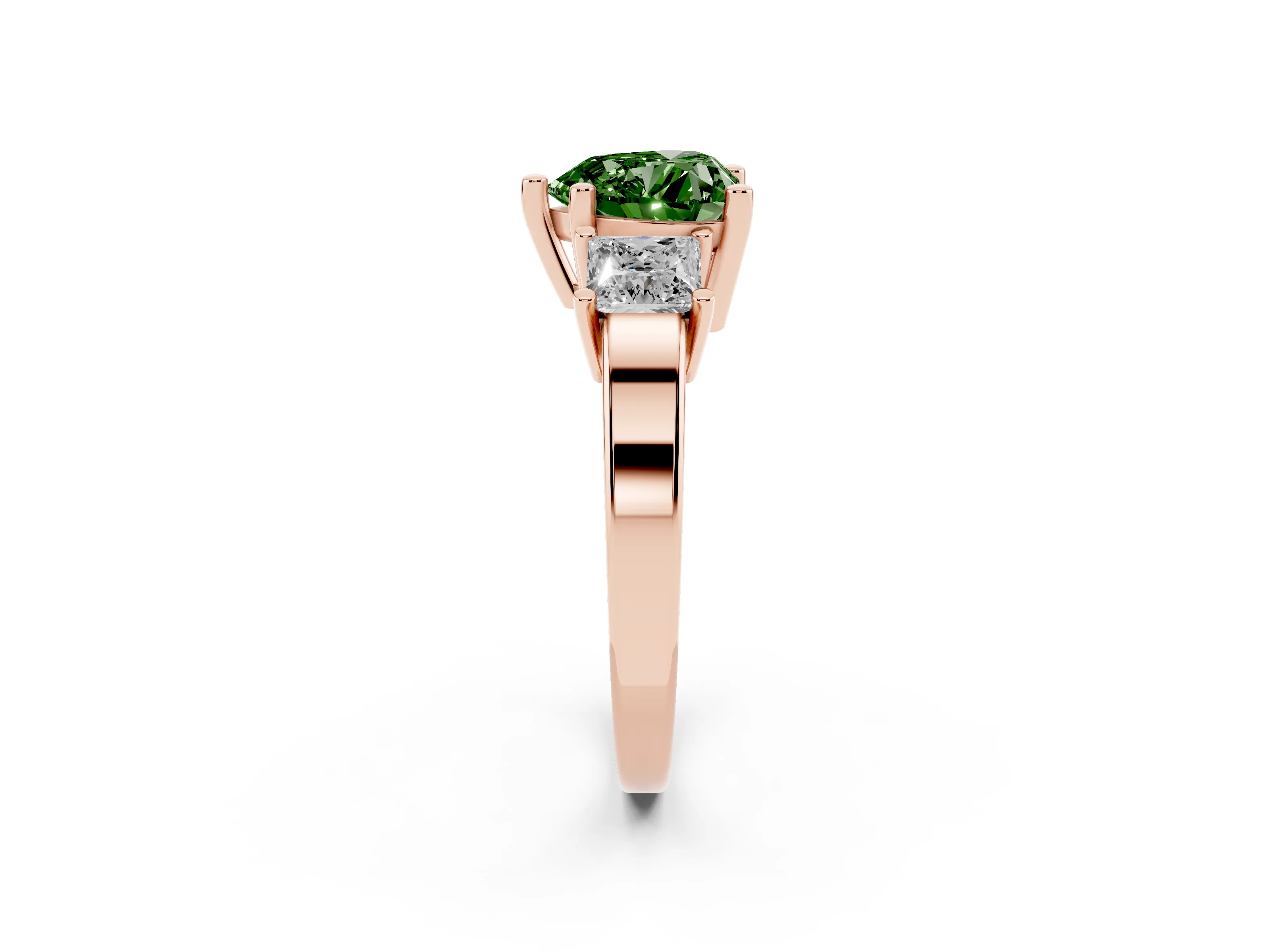 Fancy Green Three-Stone Heart Cut Diamond Solitaire Ring Set in Rose gold with Prong Setting