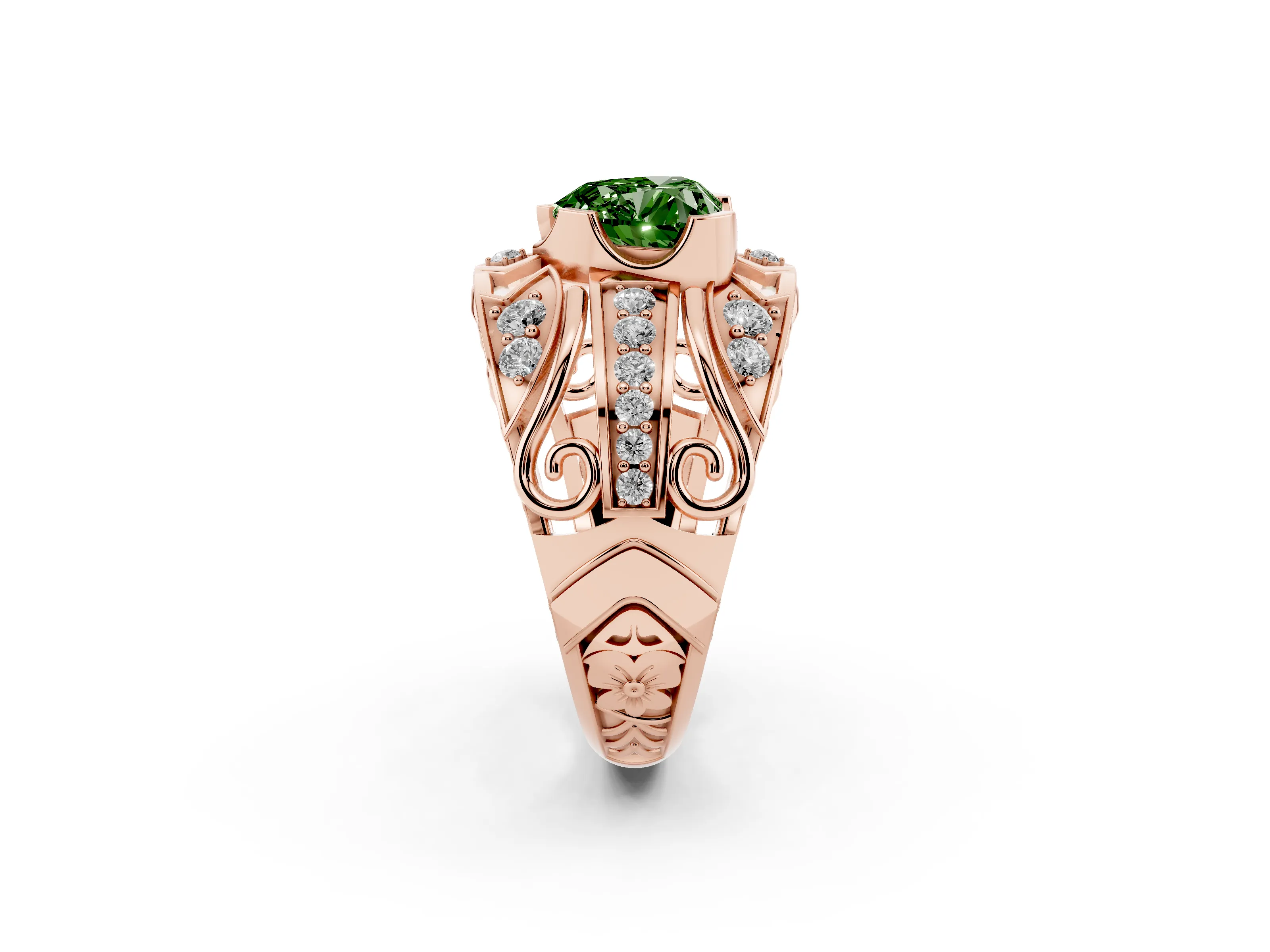 Fancy Green Heart Cut Diamond Art Deco Ring Set in Rose gold with Pavé Split Shank