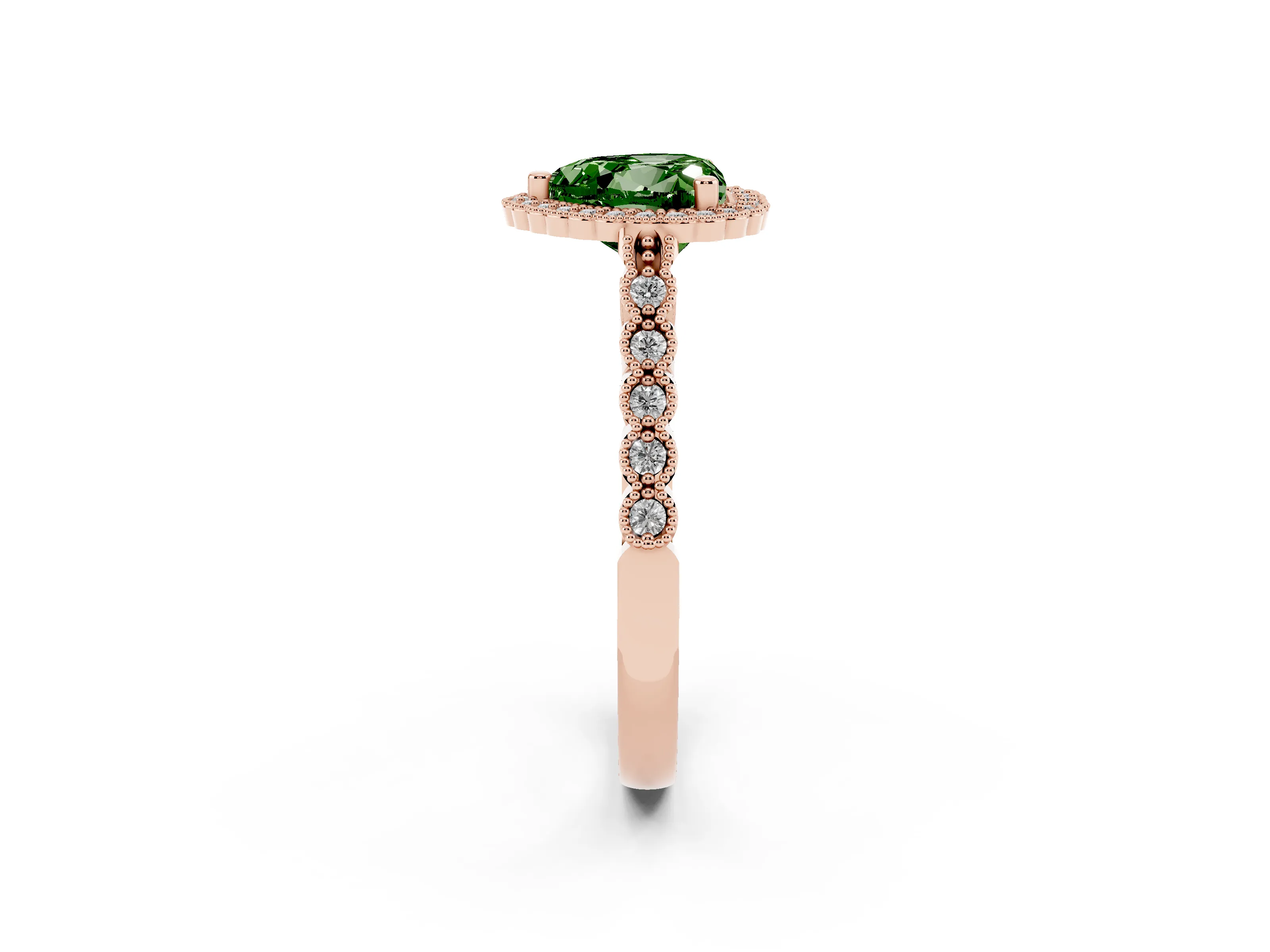Fancy Green Heart Cut Diamond Halo Ring Set in Rose gold with Pavé Milgrain Band