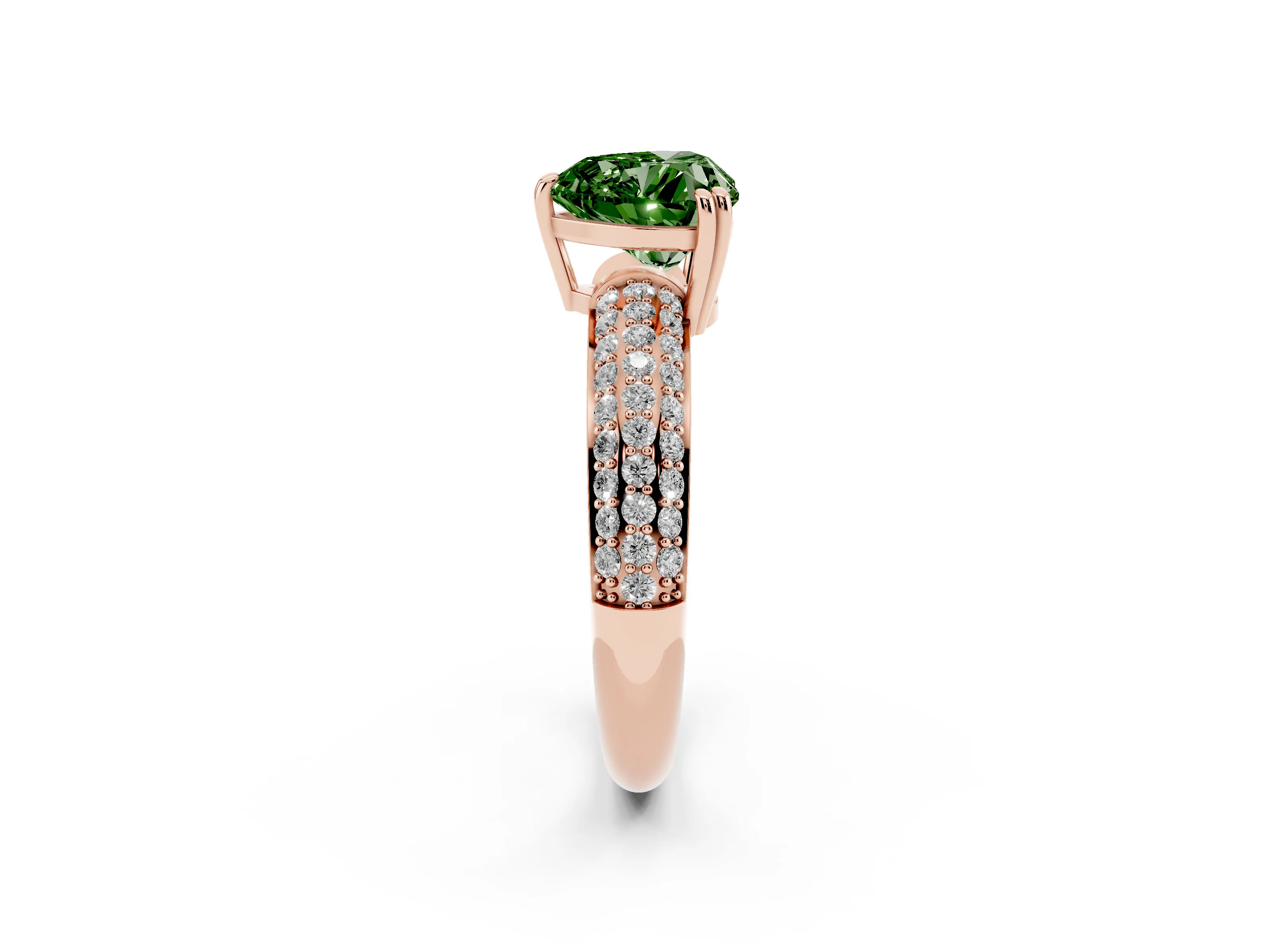 Fancy Green Heart Cut Diamond Solitaire Ring Set in Rose gold with Multi-Row Round Pavé Band and Prong Setting