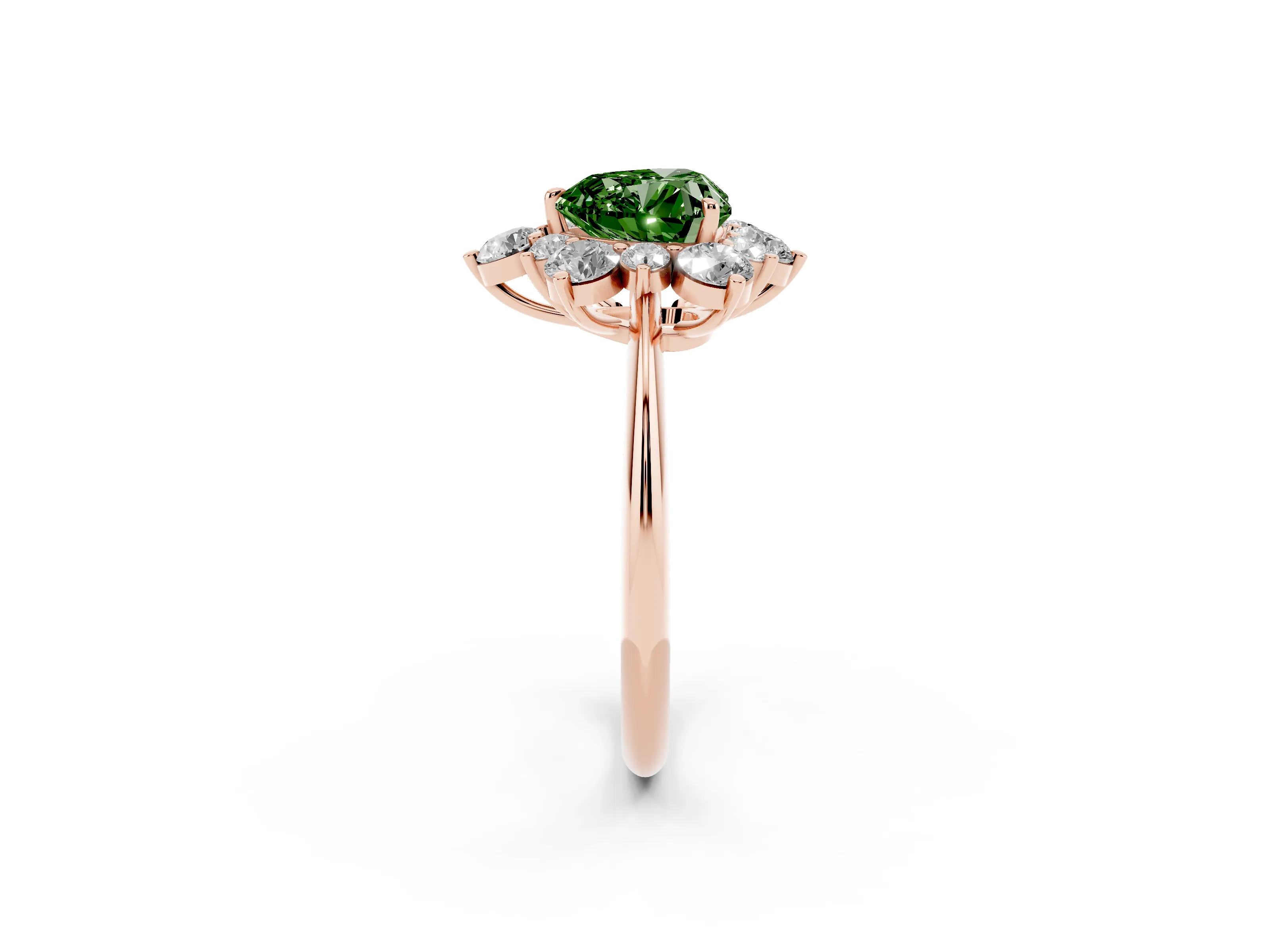 Fancy Green Heart Cut Diamond Cluster Halo Ring Set in Rose gold with Solitaire Band and Prong Setting