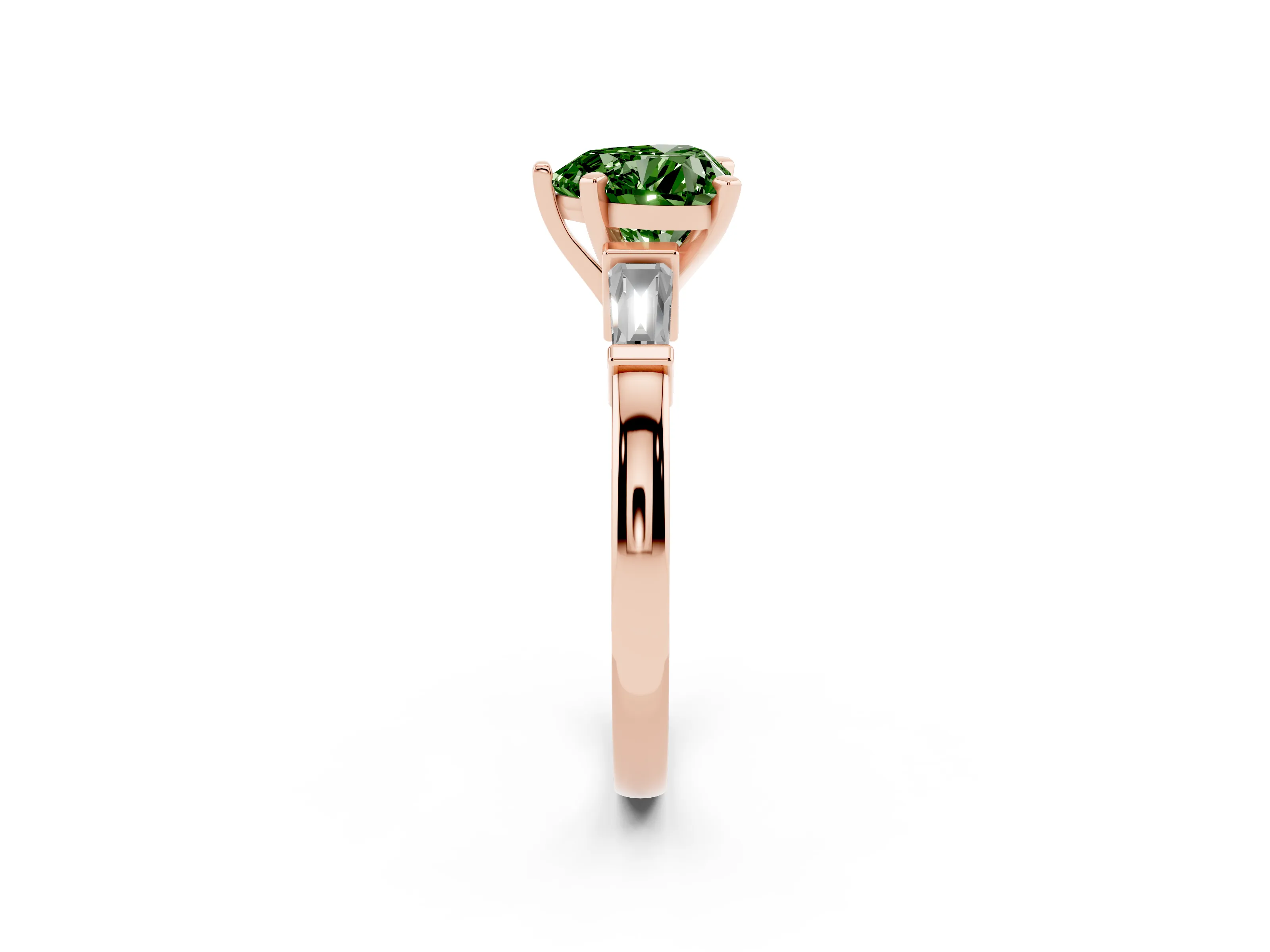 Fancy Green Heart Cut Diamond Solitaire Ring Set in Rose gold with Tapered Baguette Accents and Prong Setting