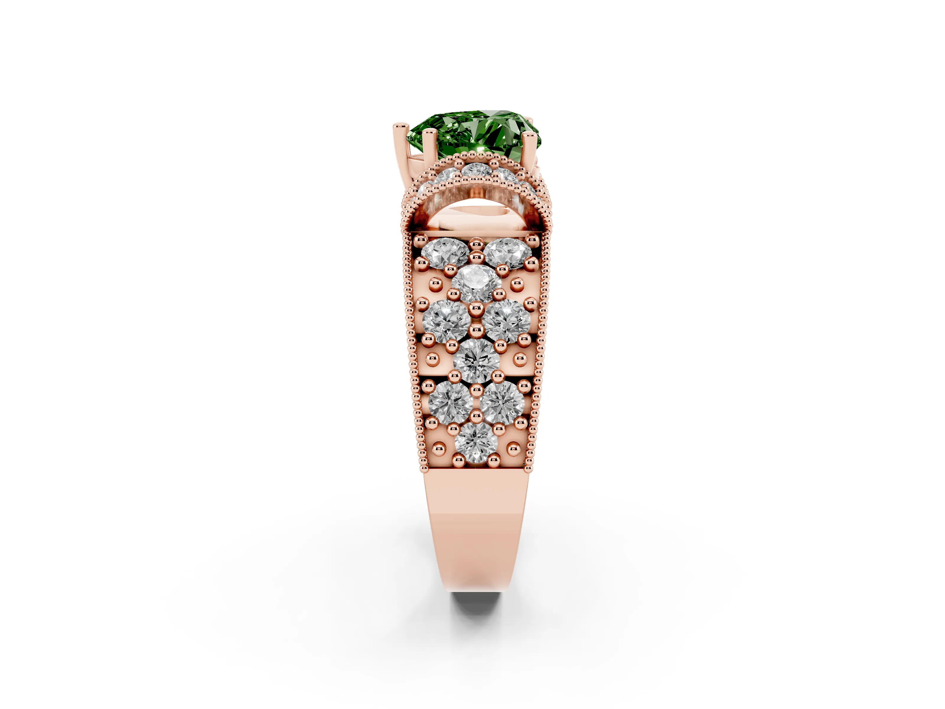 Fancy Green Heart Cut Diamond Milgrain Halo Pavé Engagement Ring Set in Rose gold with Prong Setting