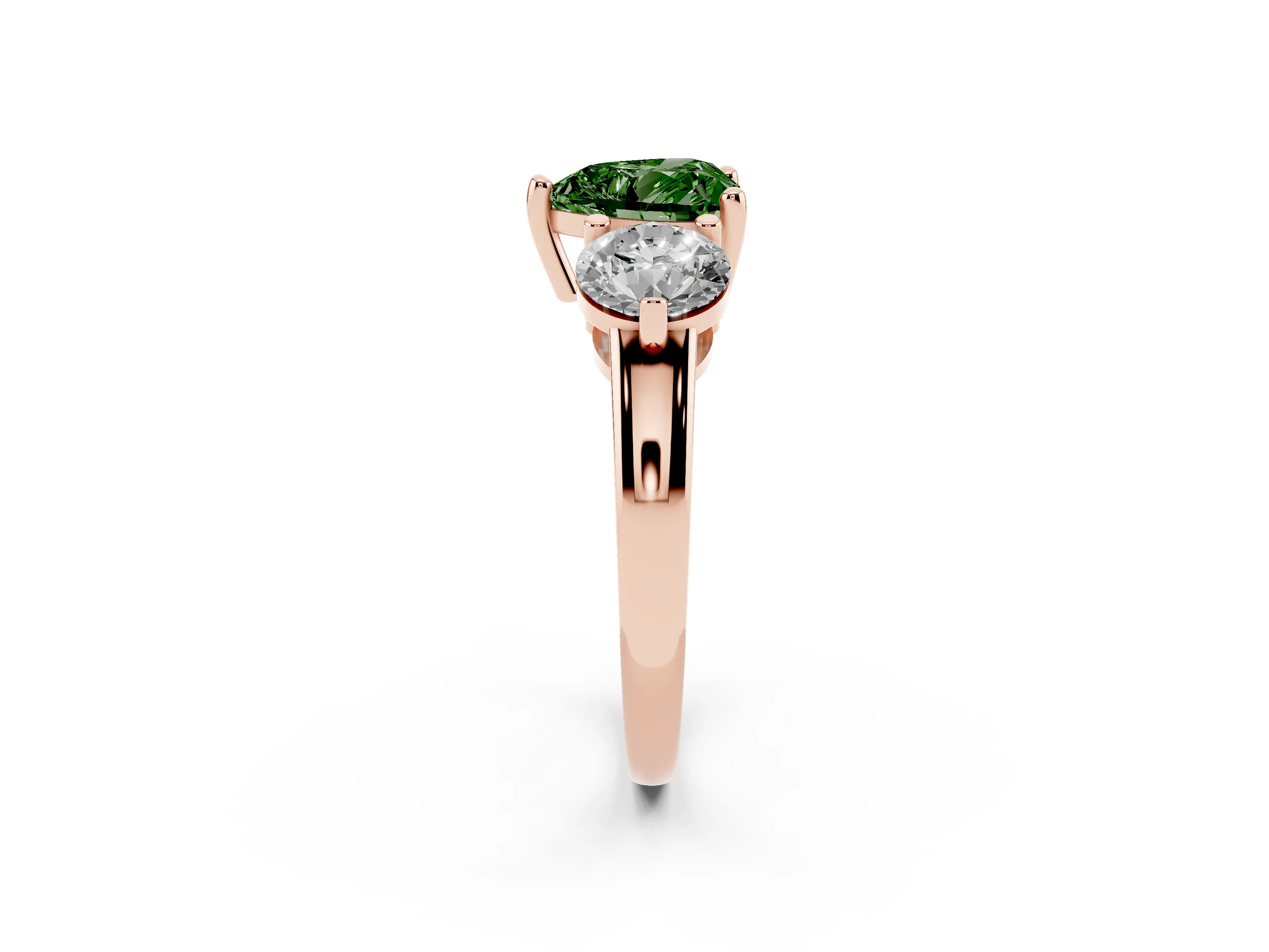 Fancy Green Heart Cut Diamond Three-Stone Ring Set in Rose gold with Prong Setting and Classic Band