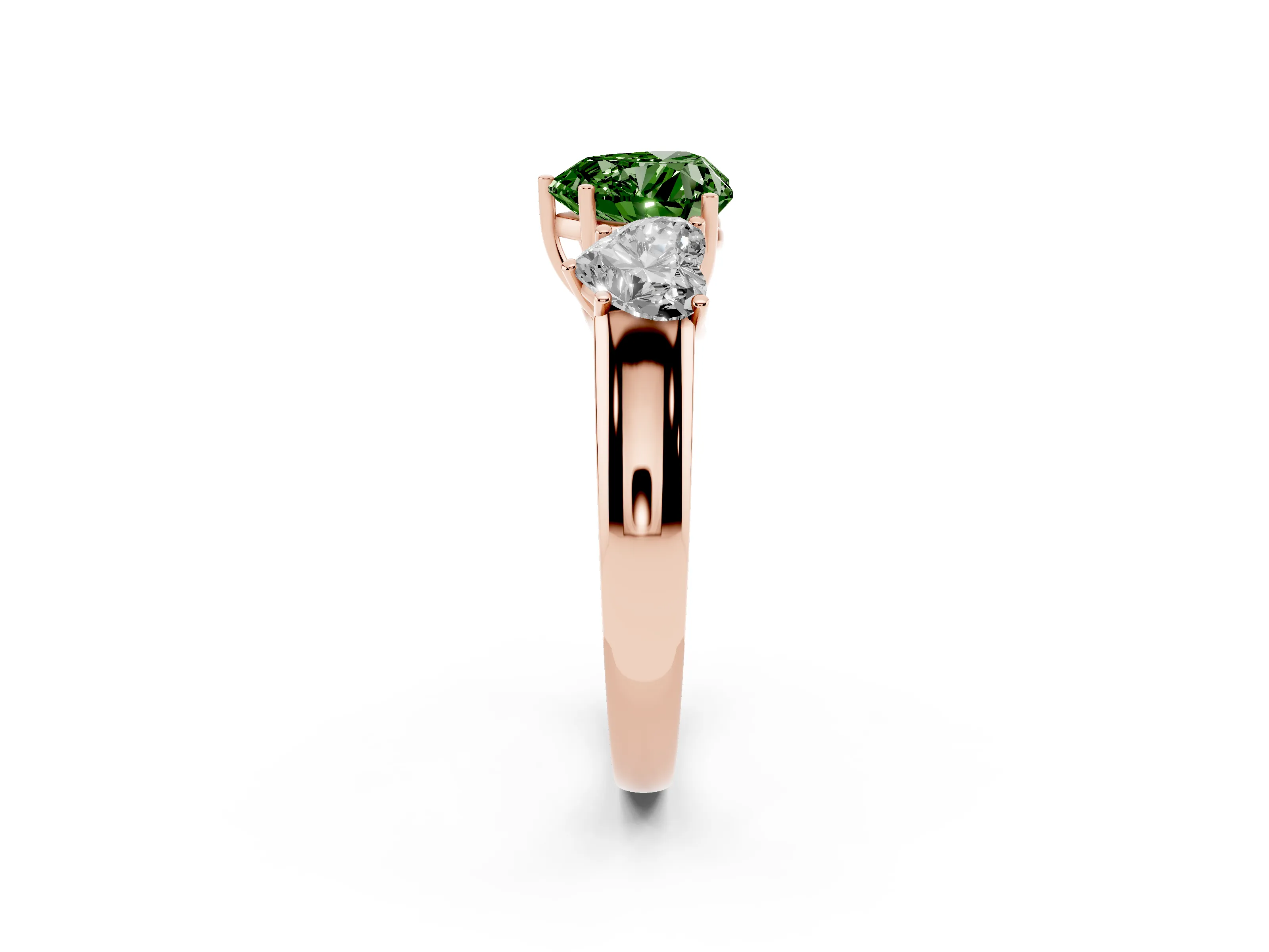 Fancy Green Three-Stone Heart Cut Diamond Ring Set in Rose gold with Matching Prong Settings and Plain Band
