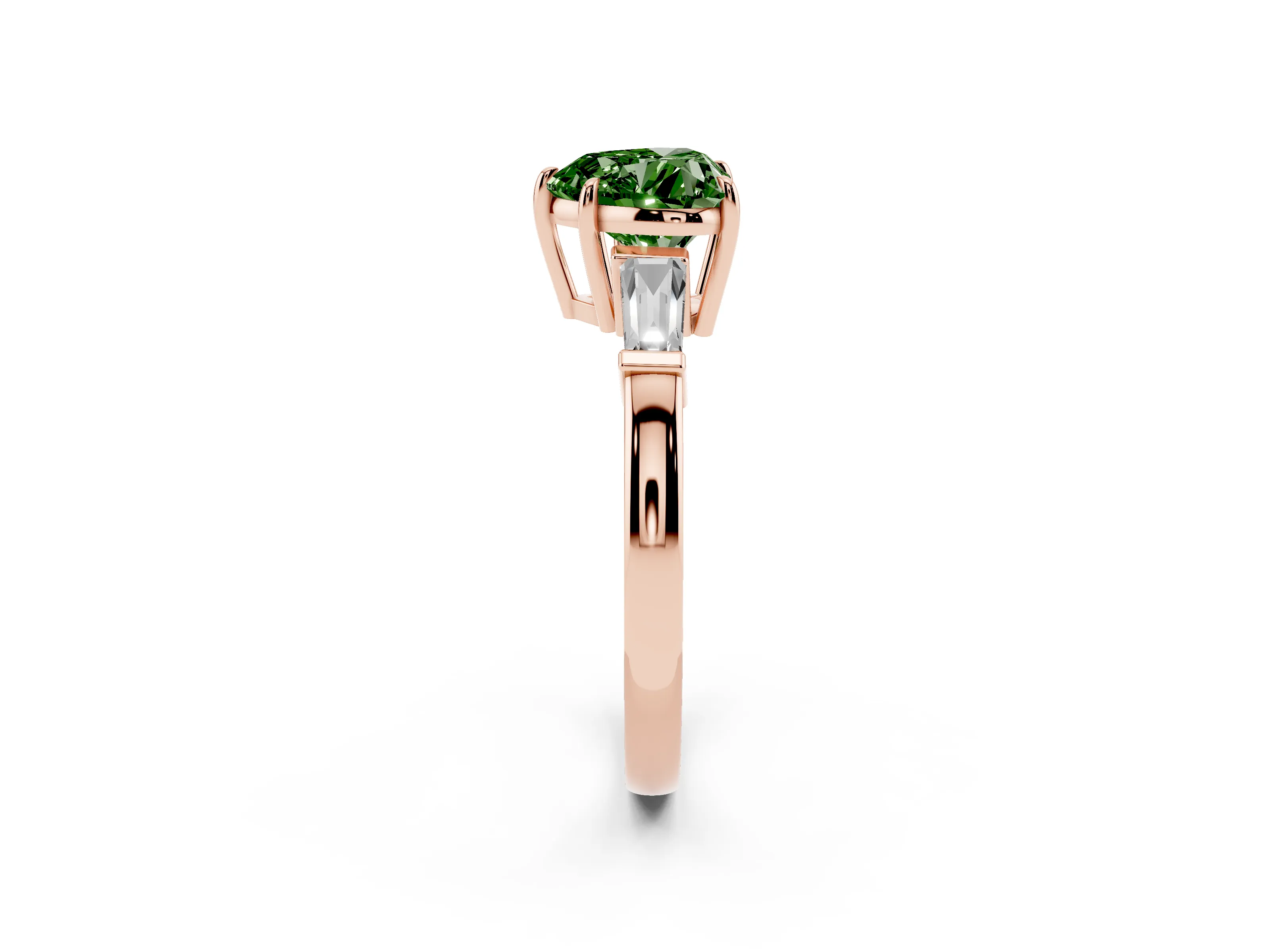 Fancy Green Heart Cut Diamond Three-Stone Ring Set in Rose gold with Tapered Baguette Side Stones and Prong Setting