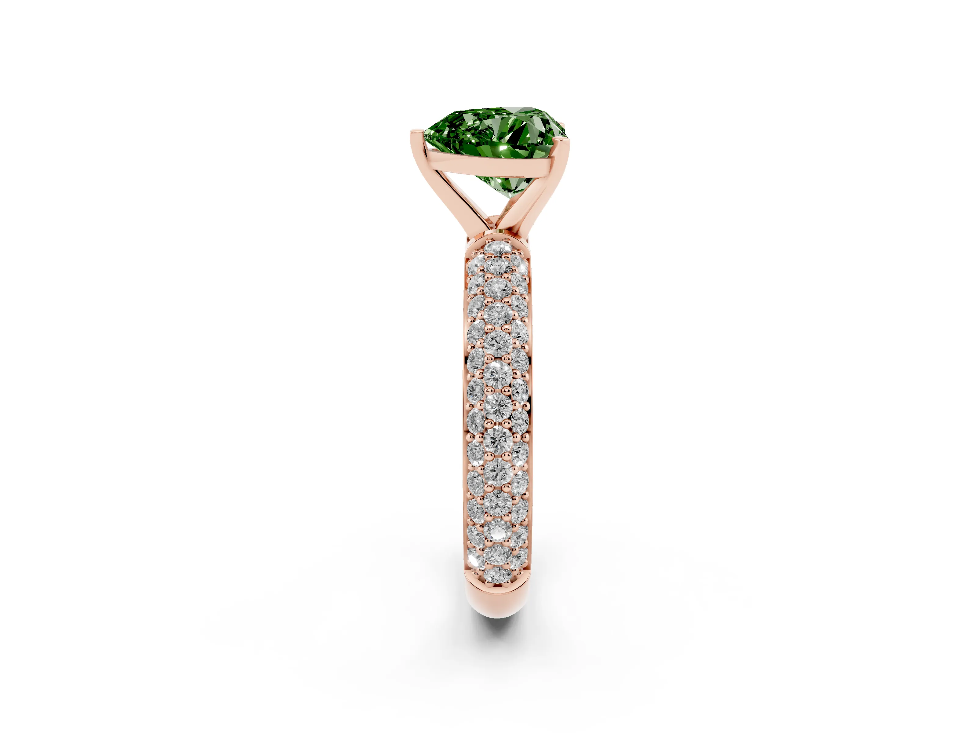 Fancy Green Heart Cut Diamond Solitaire Ring Set in Rose gold with Prong Setting and Pavé-Set Band