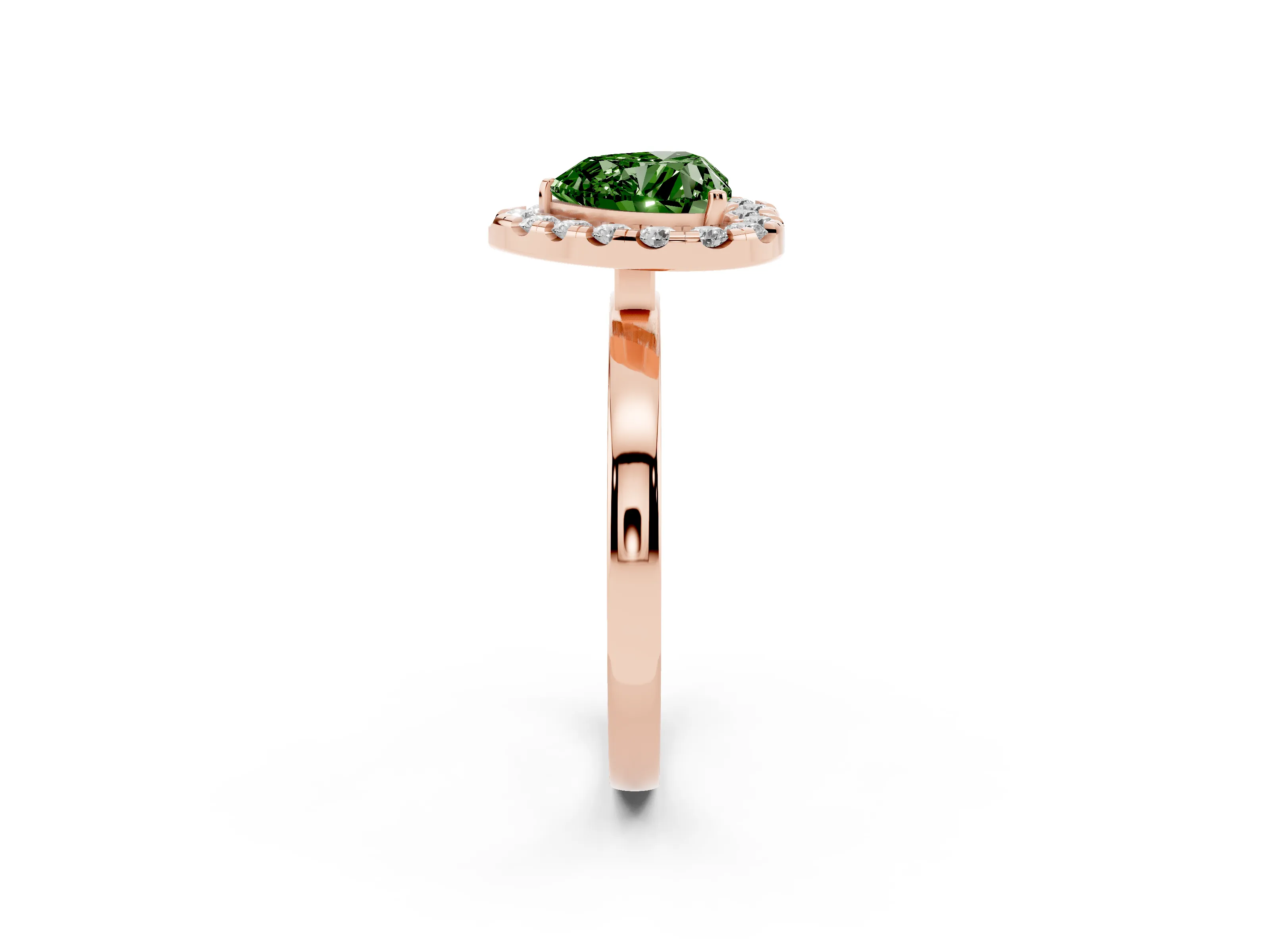 Fancy Green Heart Cut Diamond Halo Solitaire Ring Set in Rose gold with Pavé Band and Prong Setting